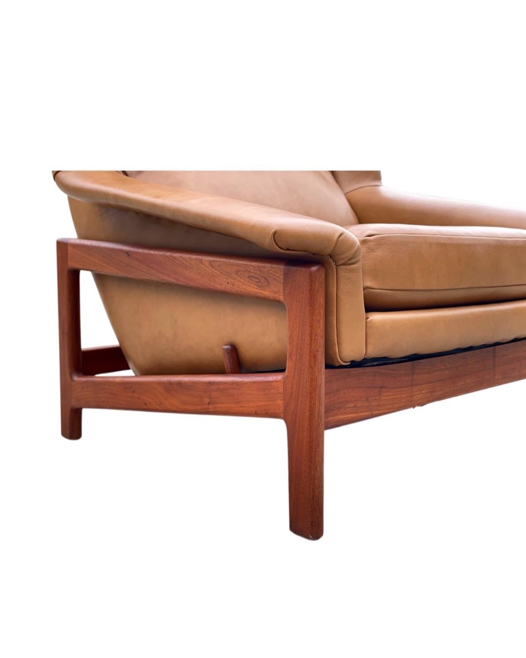 Swedish Midcentury Reclining Lounge Chairs in Leather + Walnut by Folke Ohlsson for DUX For Sale