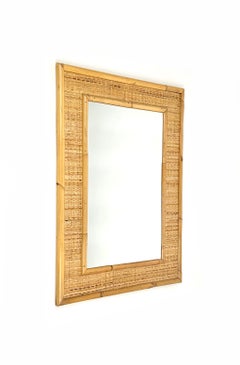 Espejo de pared rectangular de bambú y ratán de mediados de siglo, Italia Años 60