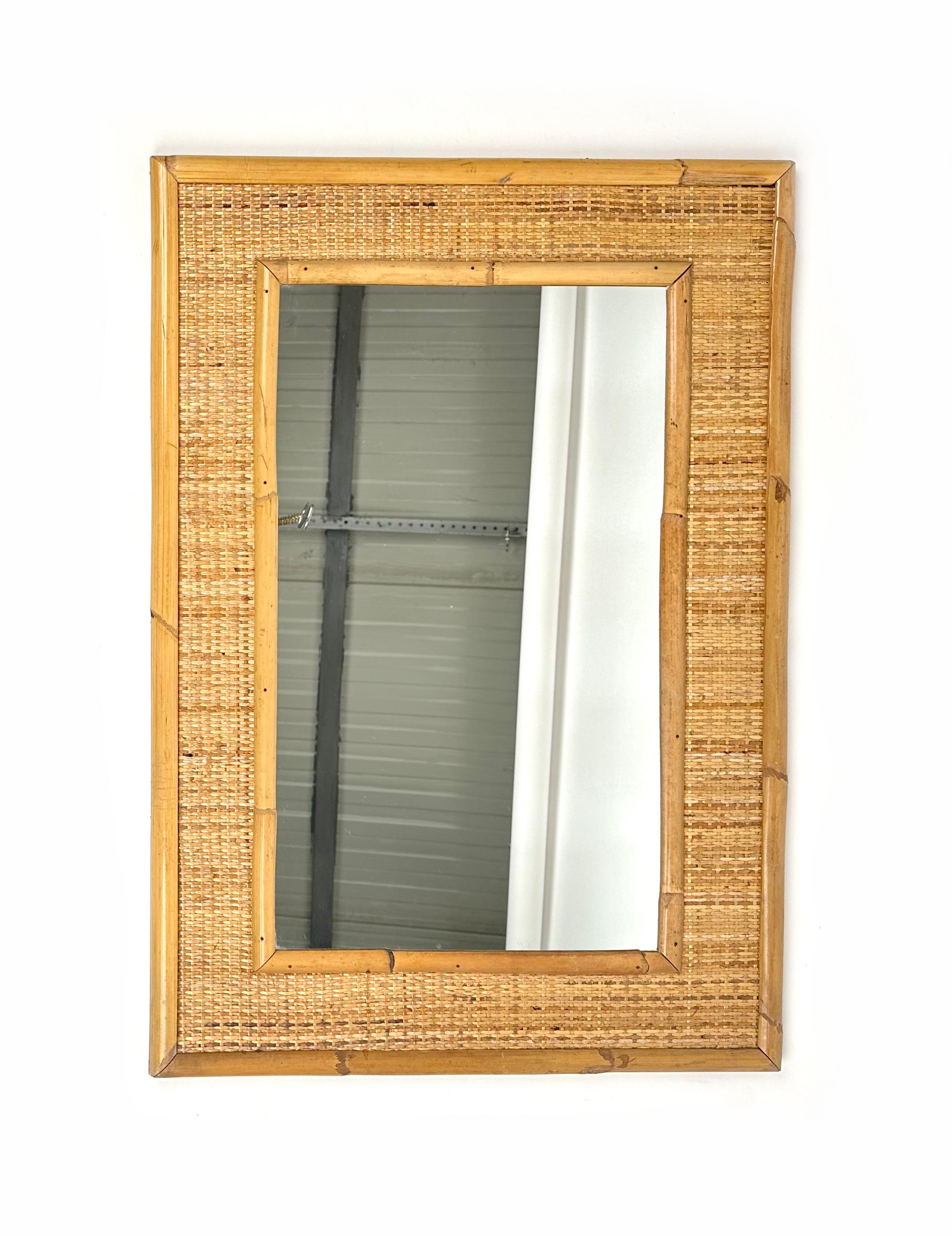 Italian Midcentury Rectangular Bamboo and Rattan Wall Mirror, Italy 1960s For Sale