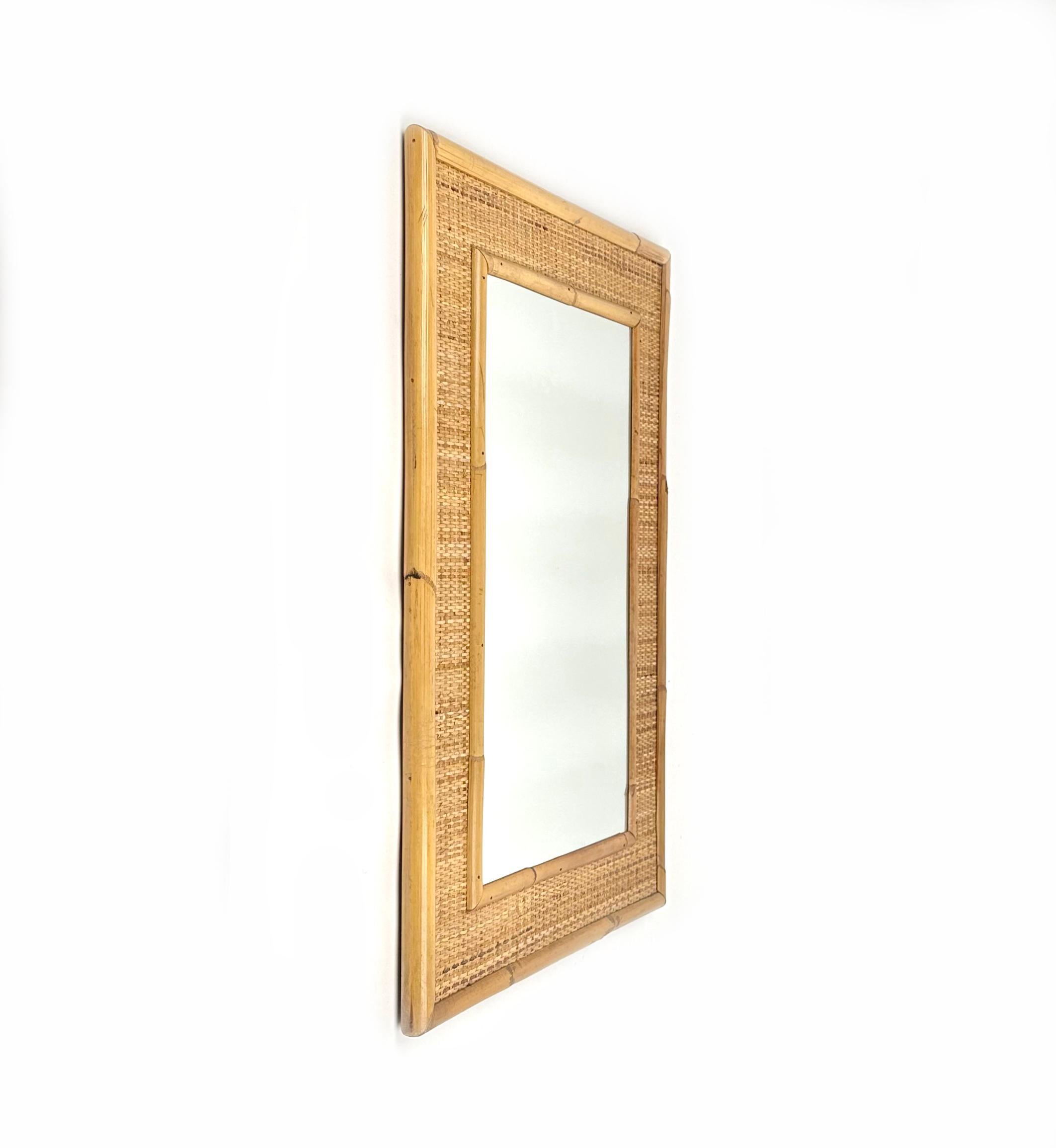 Mid-20th Century Midcentury Rectangular Bamboo and Rattan Wall Mirror, Italy 1960s For Sale