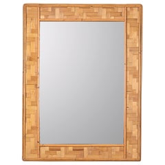 Midcentury Rectangular Bamboo and Woven Rattan Frame Italian Mirror, 1960s