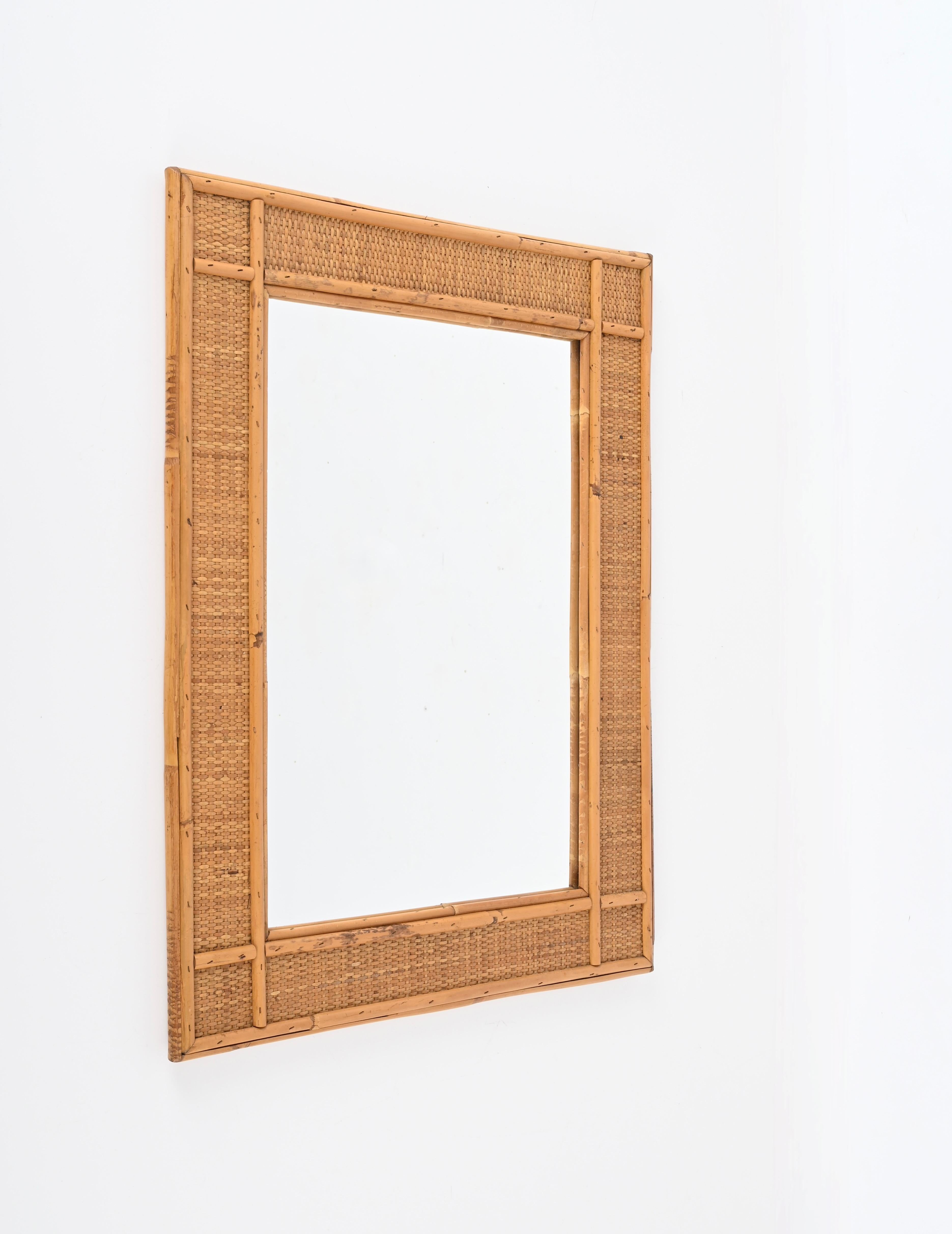 Midcentury Rectangular  Bamboo and Woven Rattan Wicker Mirror, Italy 1970s For Sale 3