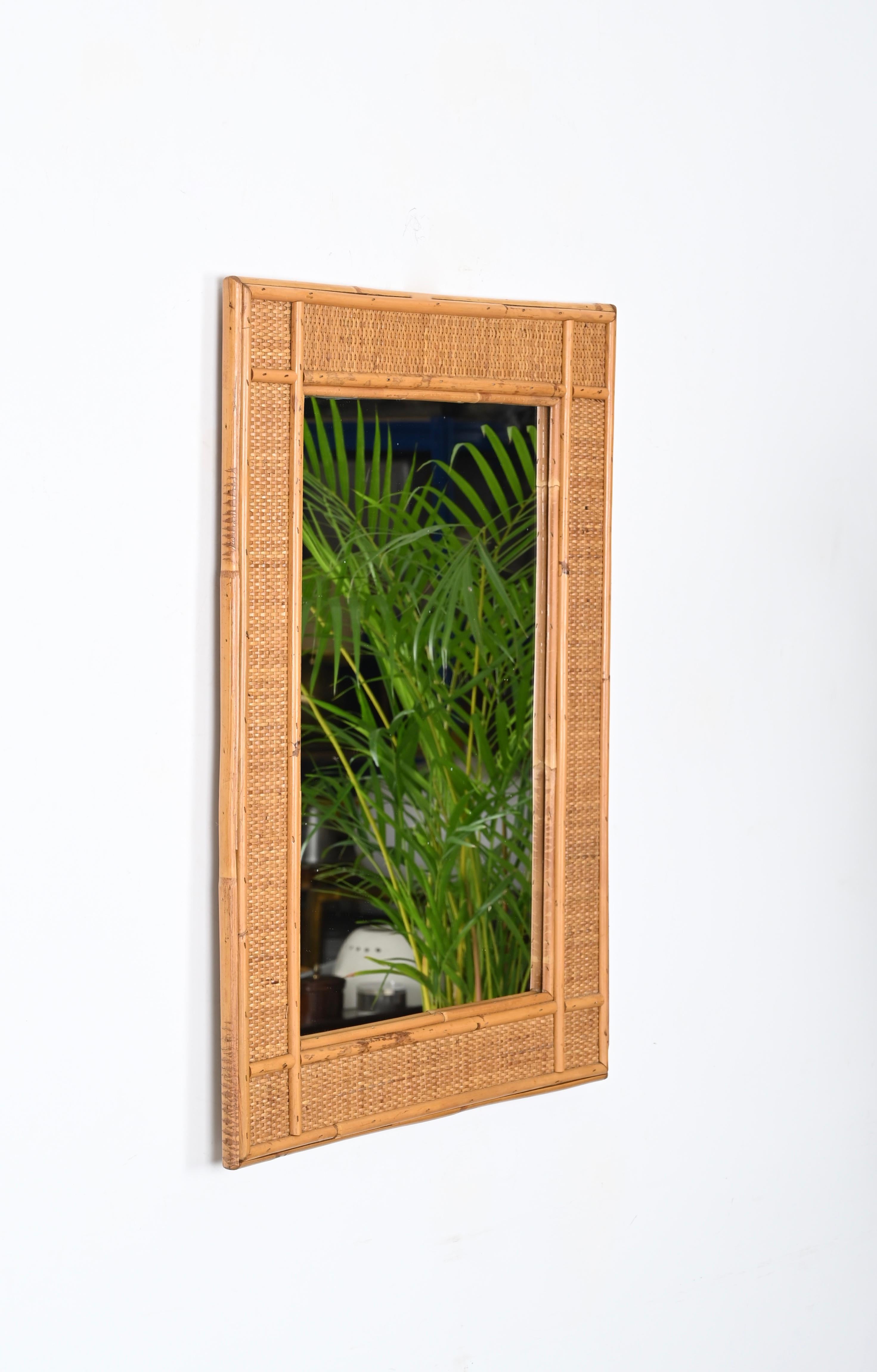 Midcentury Rectangular  Bamboo and Woven Rattan Wicker Mirror, Italy 1970s For Sale 6