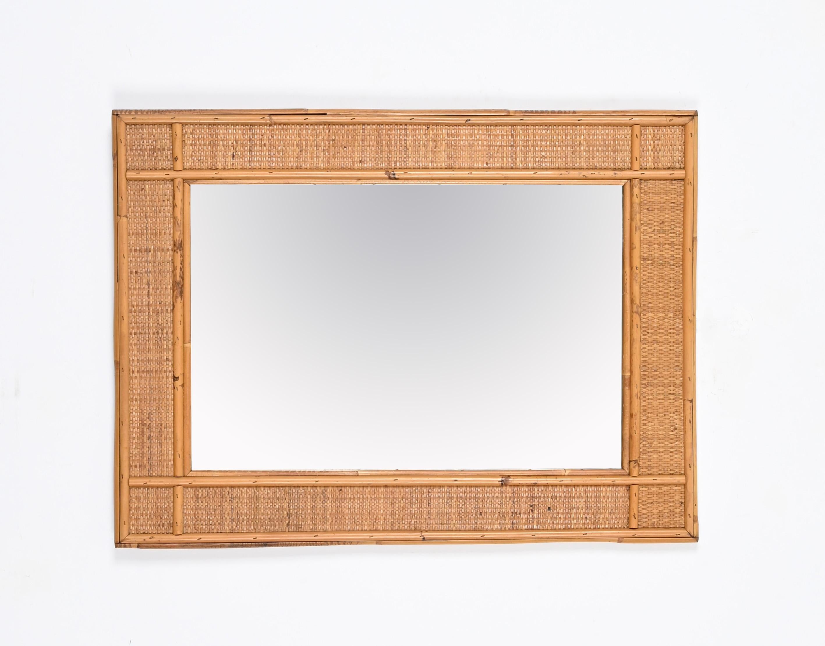 Midcentury Rectangular  Bamboo and Woven Rattan Wicker Mirror, Italy 1970s For Sale 8