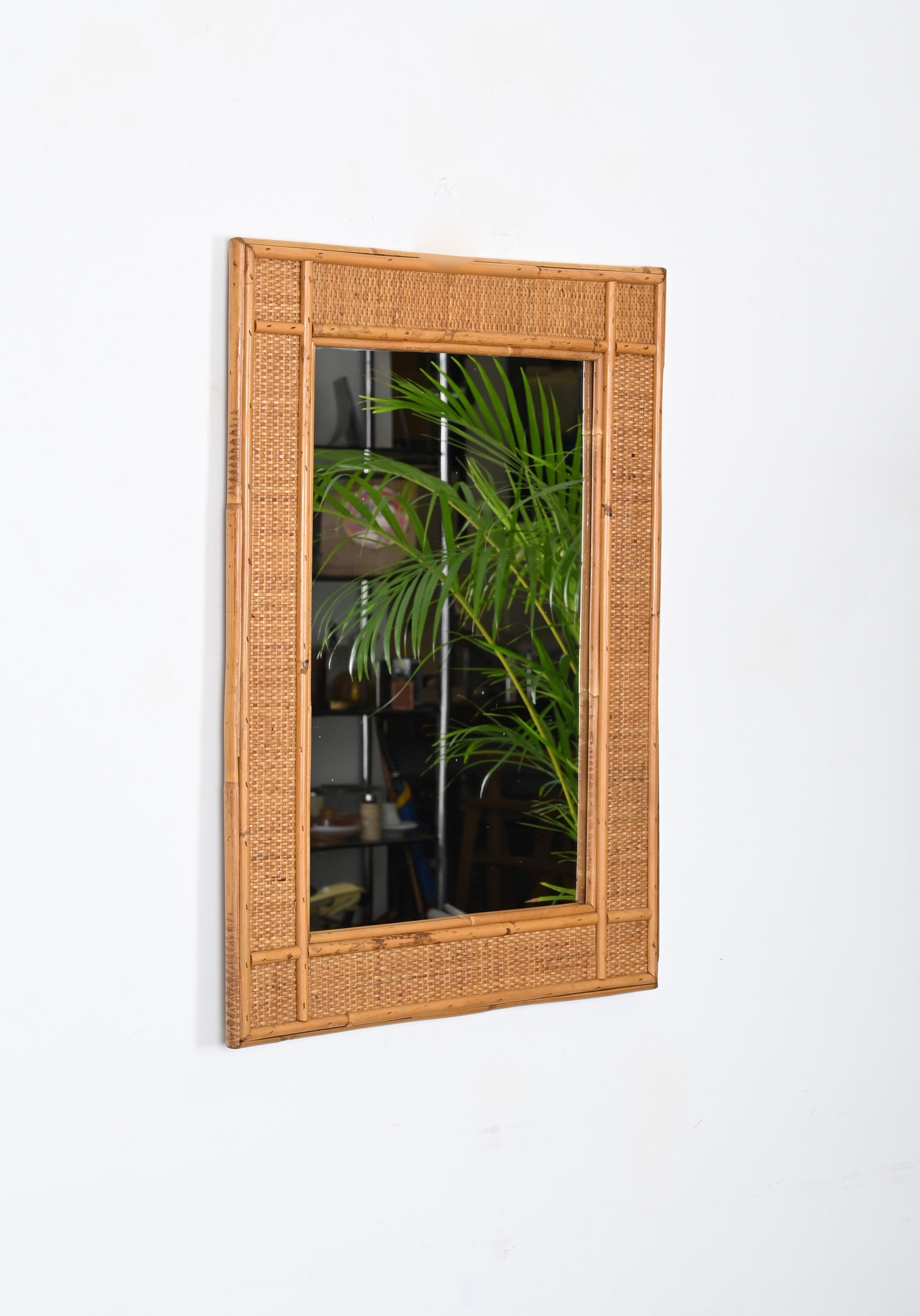 Mid-Century Modern Midcentury Rectangular  Bamboo and Woven Rattan Wicker Mirror, Italy 1970s For Sale