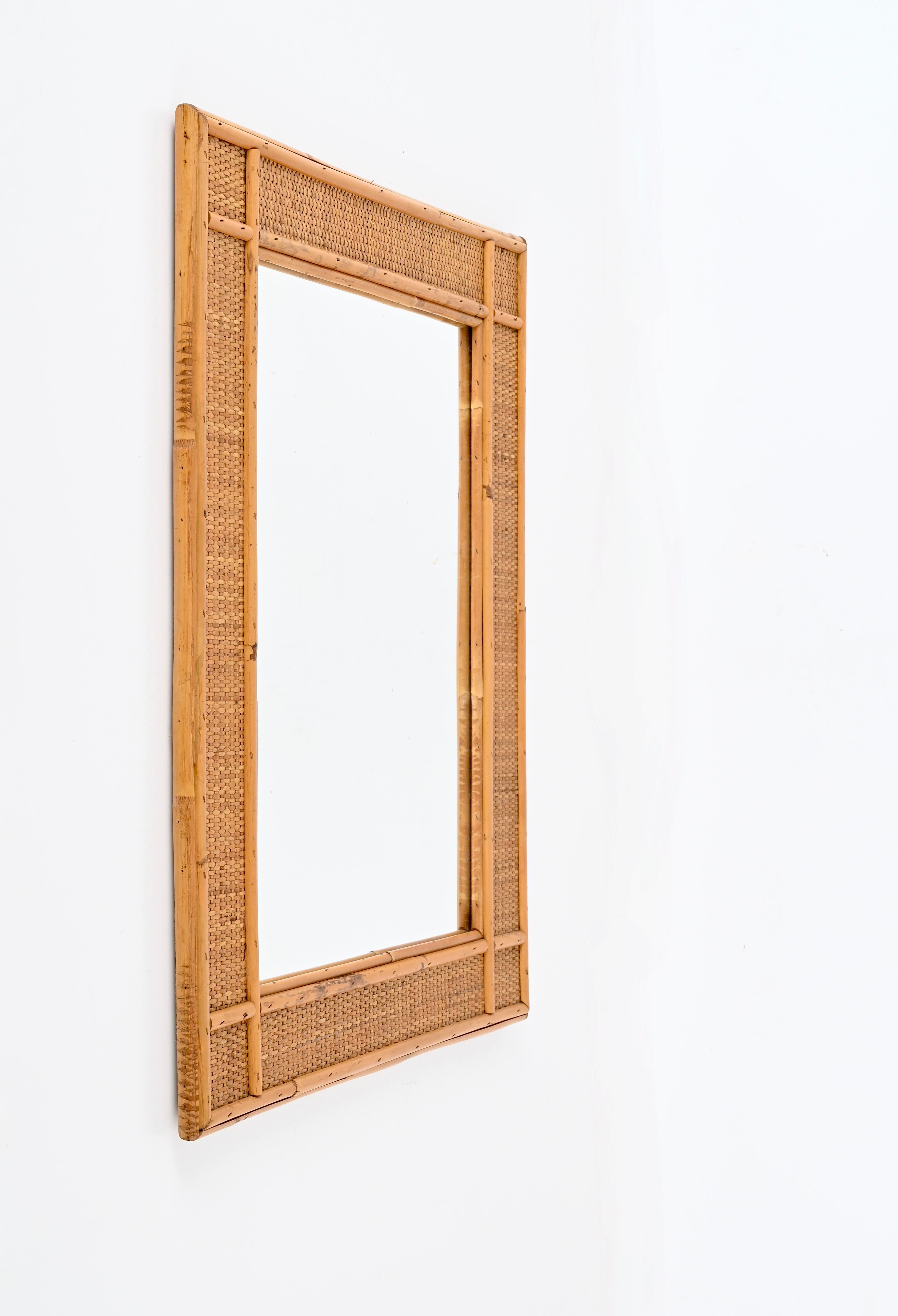 Hand-Crafted Midcentury Rectangular  Bamboo and Woven Rattan Wicker Mirror, Italy 1970s For Sale