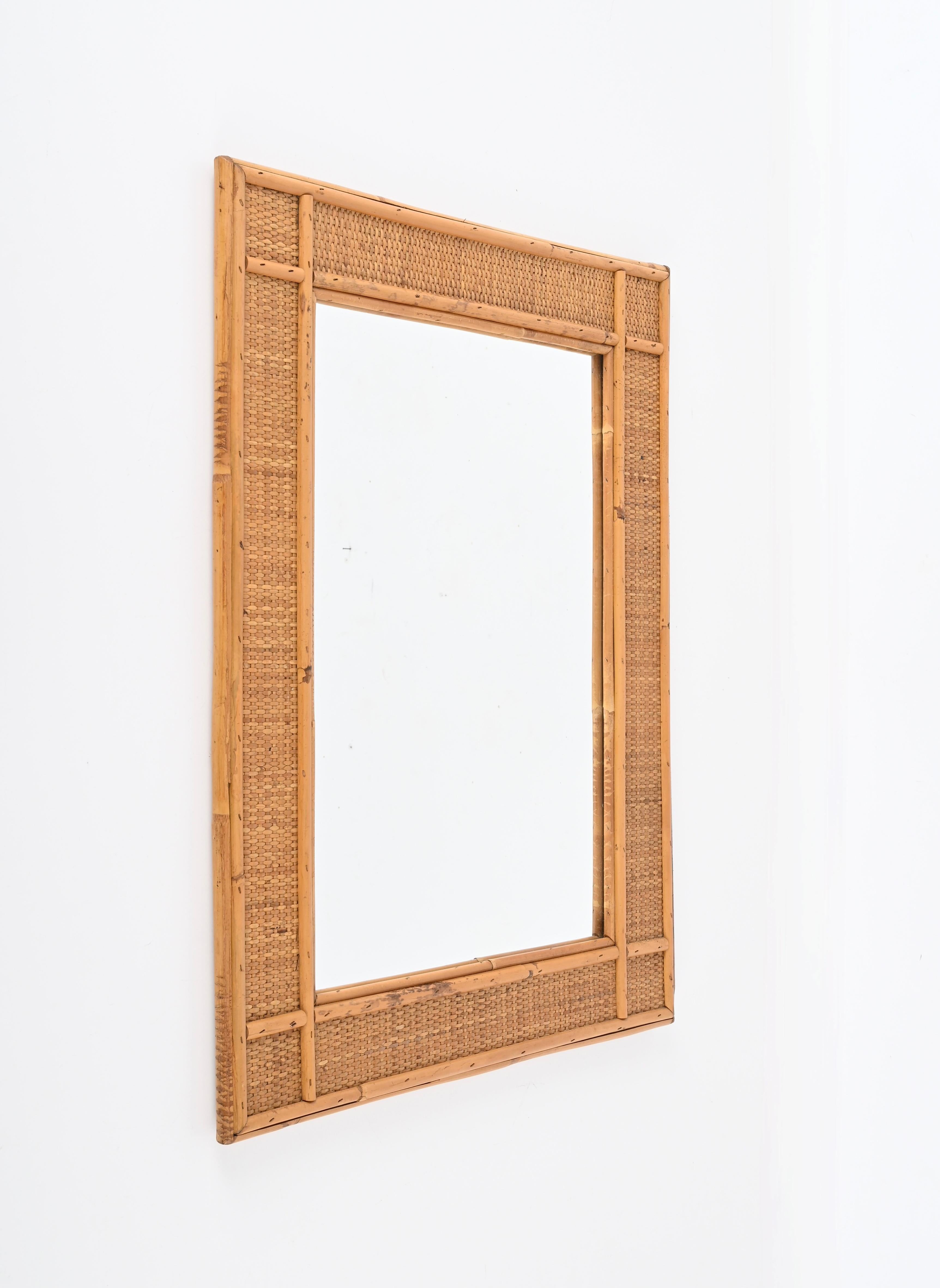 Midcentury Rectangular  Bamboo and Woven Rattan Wicker Mirror, Italy 1970s In Good Condition For Sale In Roma, IT
