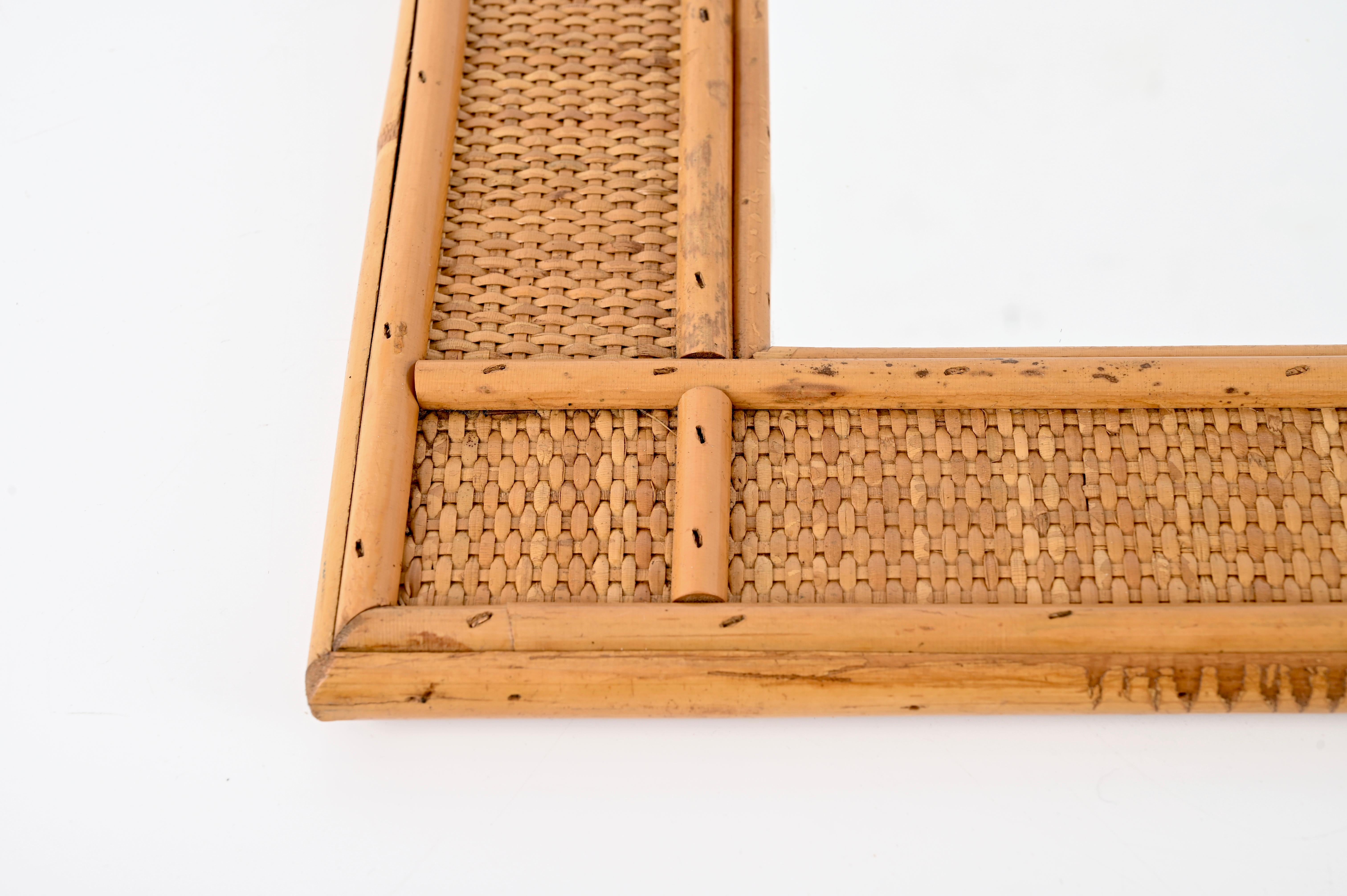 Midcentury Rectangular  Bamboo and Woven Rattan Wicker Mirror, Italy 1970s For Sale 2
