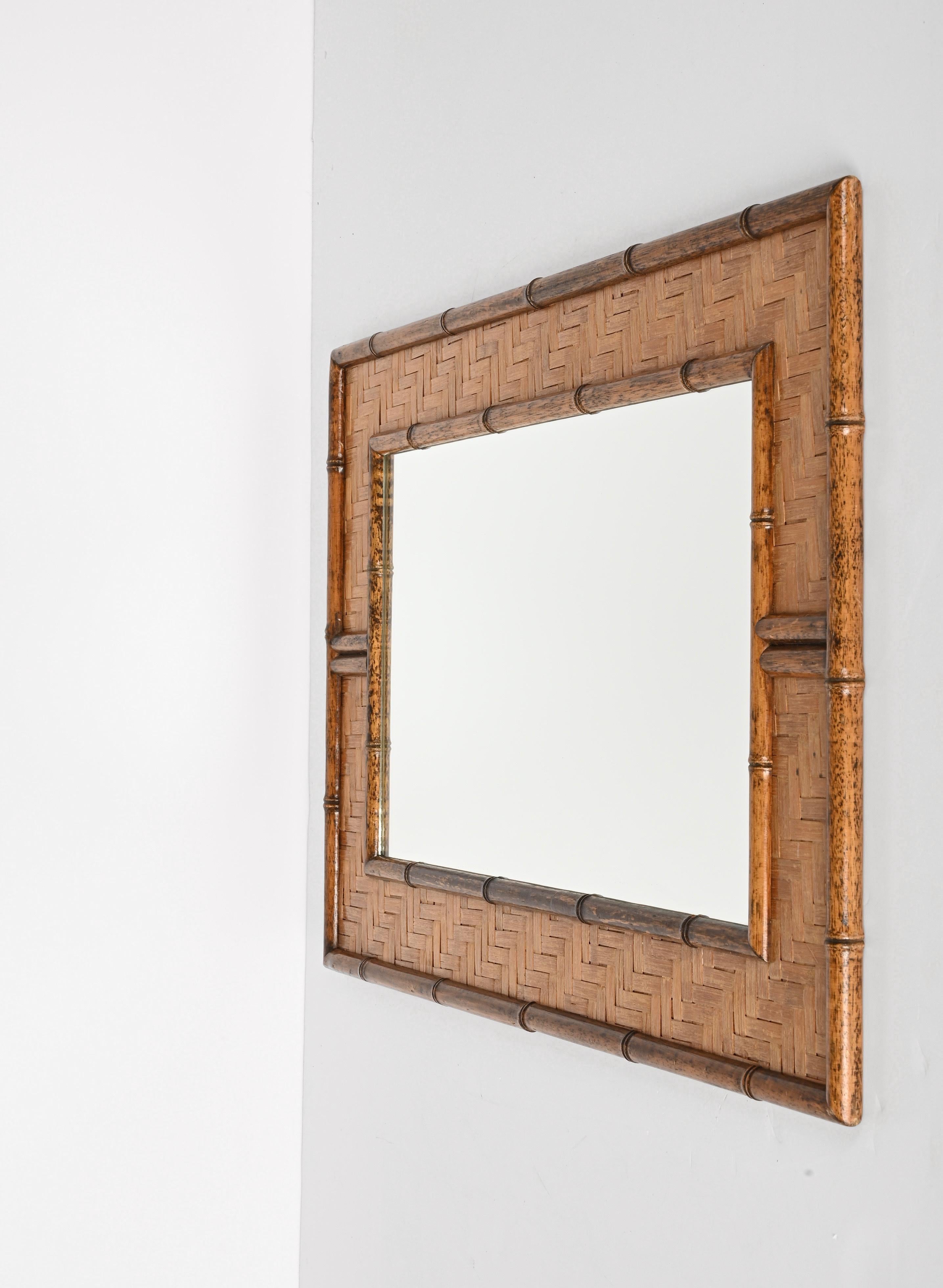 Midcentury Rectangular Bamboo Cane and Wicker Woven Frame Italian Mirror, 1960s 6