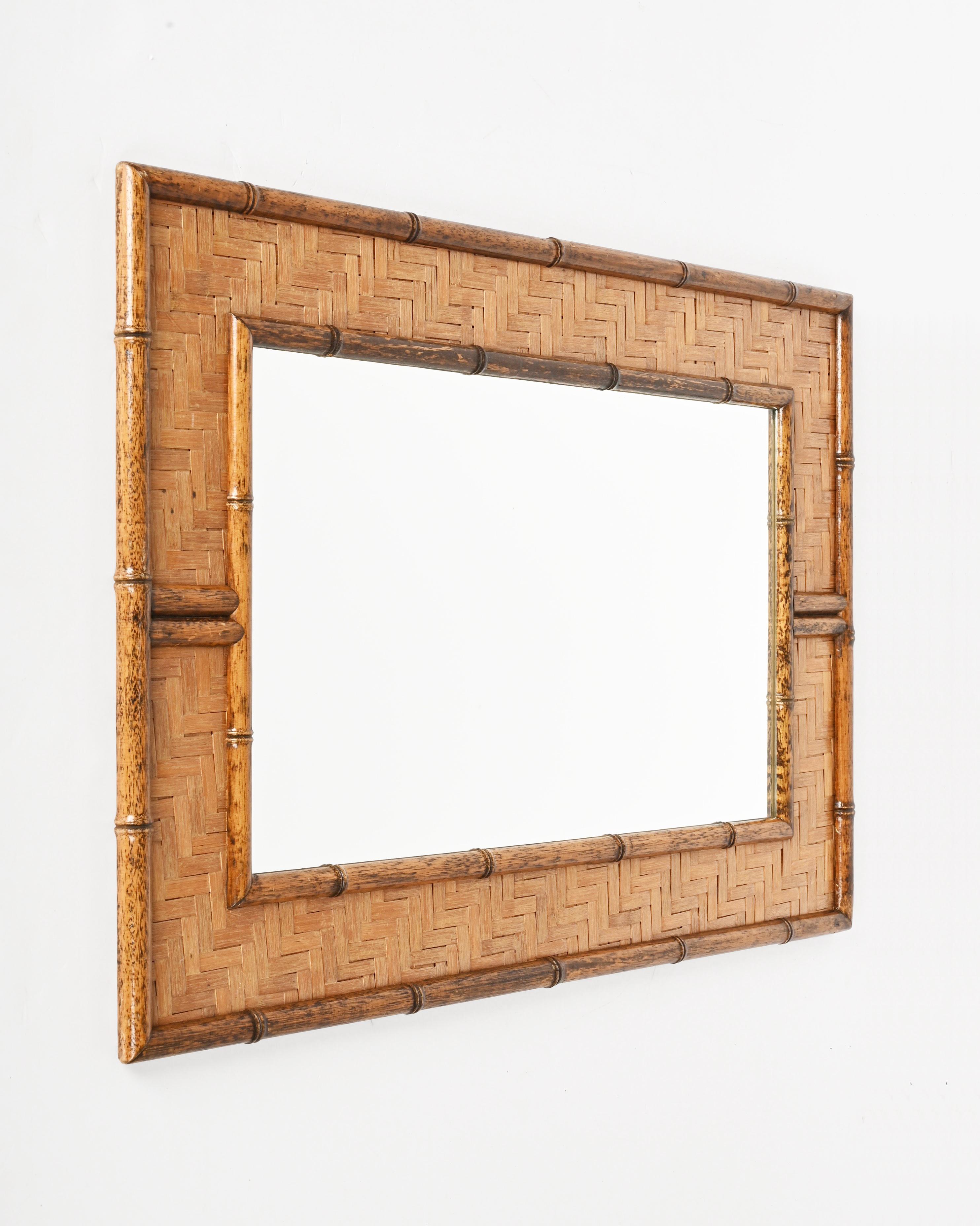 Mid-Century Modern Midcentury Rectangular Bamboo Cane and Wicker Woven Frame Italian Mirror, 1960s