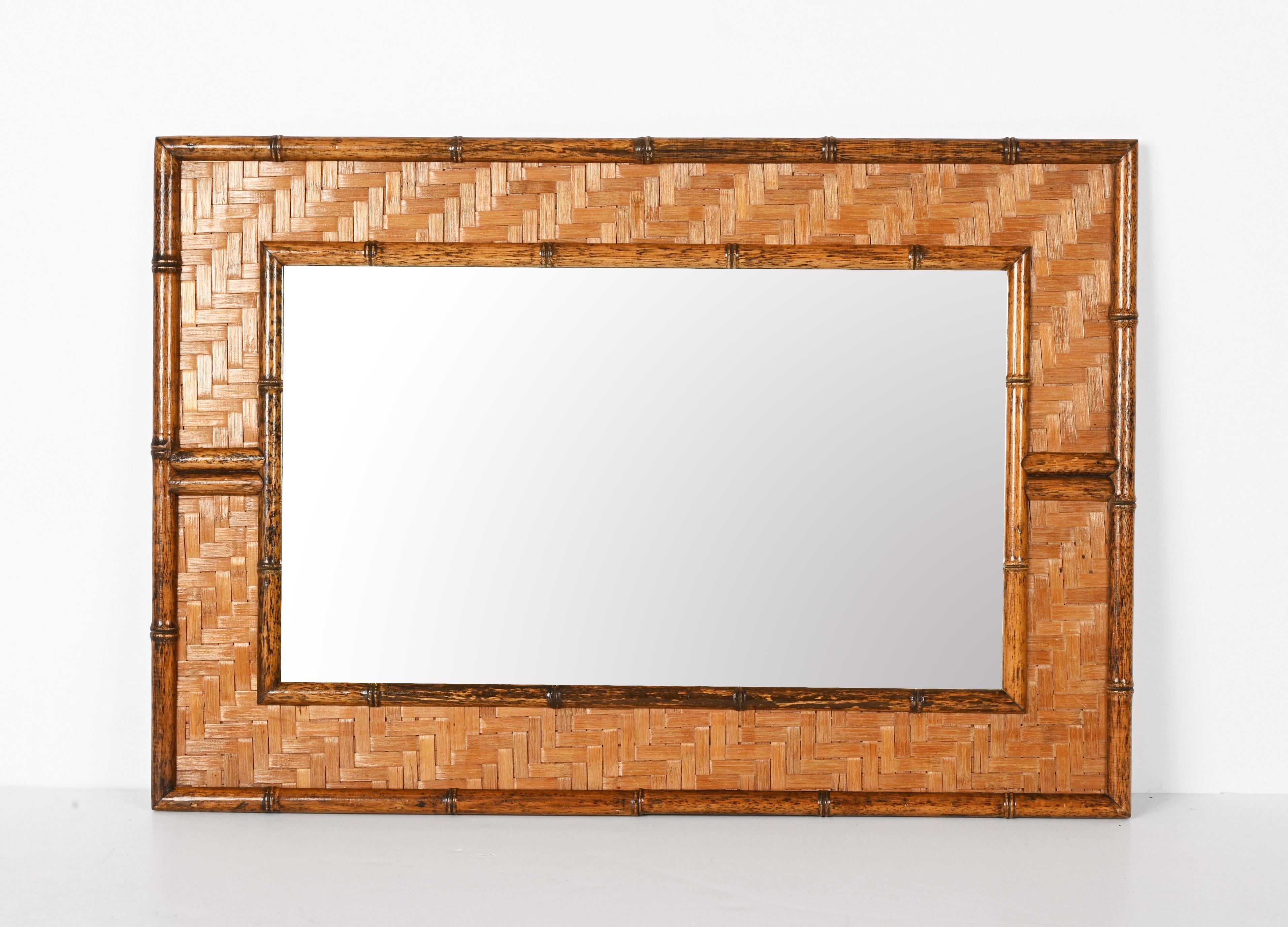 20th Century Midcentury Rectangular Bamboo Cane and Wicker Woven Frame Italian Mirror, 1960s