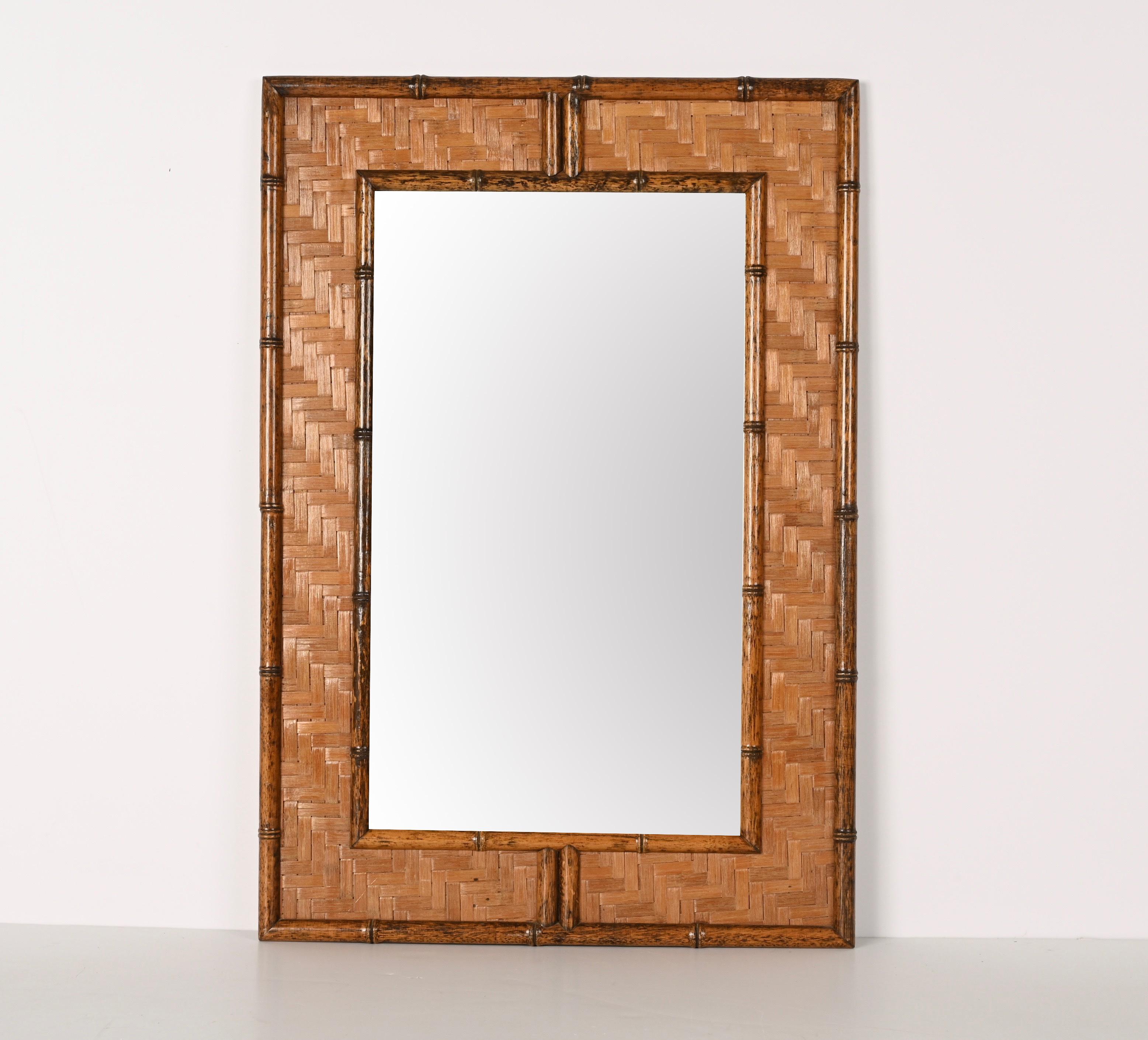 Midcentury Rectangular Bamboo Cane and Wicker Woven Frame Italian Mirror, 1960s 1