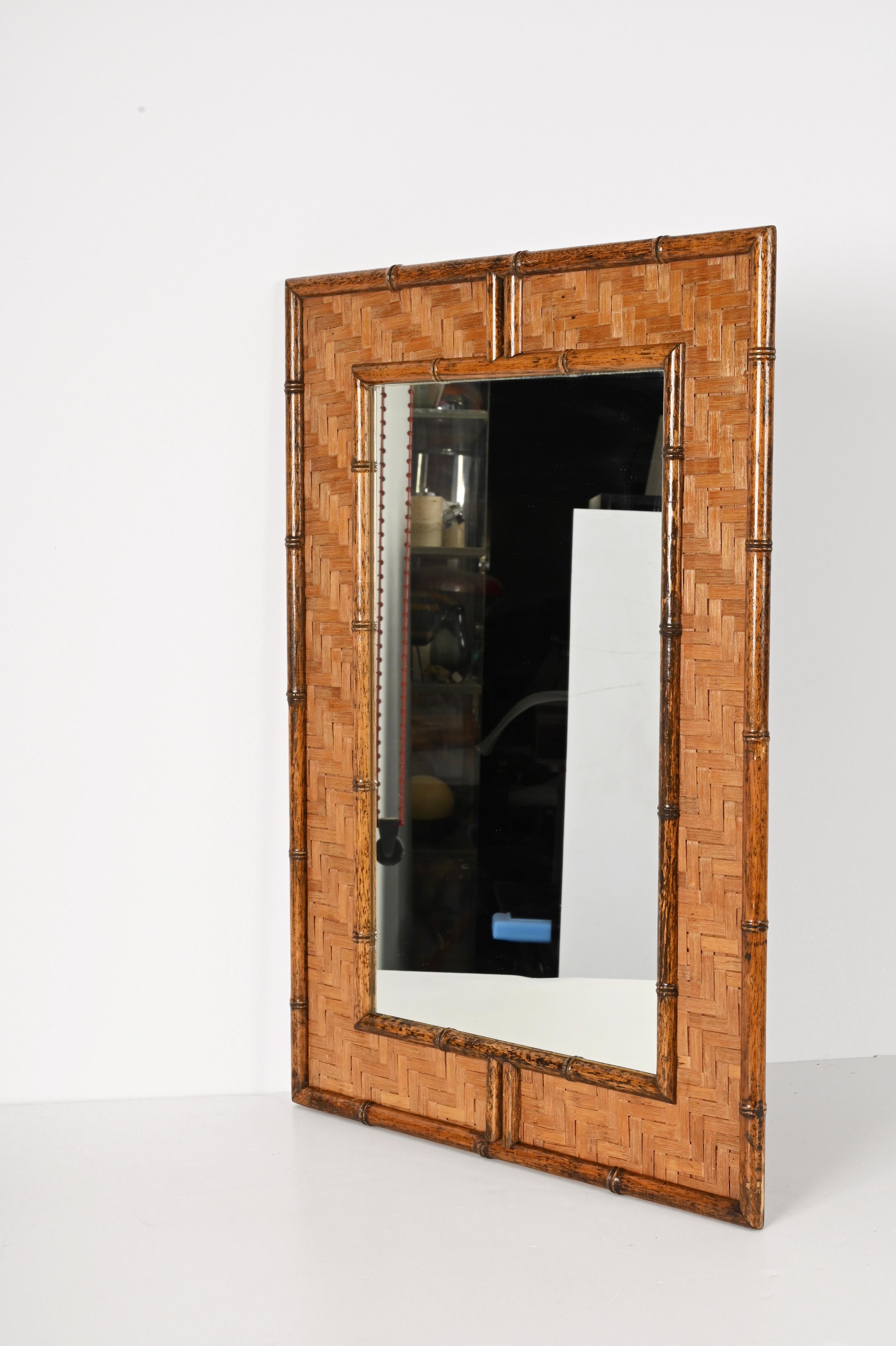 Midcentury Rectangular Bamboo Cane and Wicker Woven Frame Italian Mirror, 1960s 2