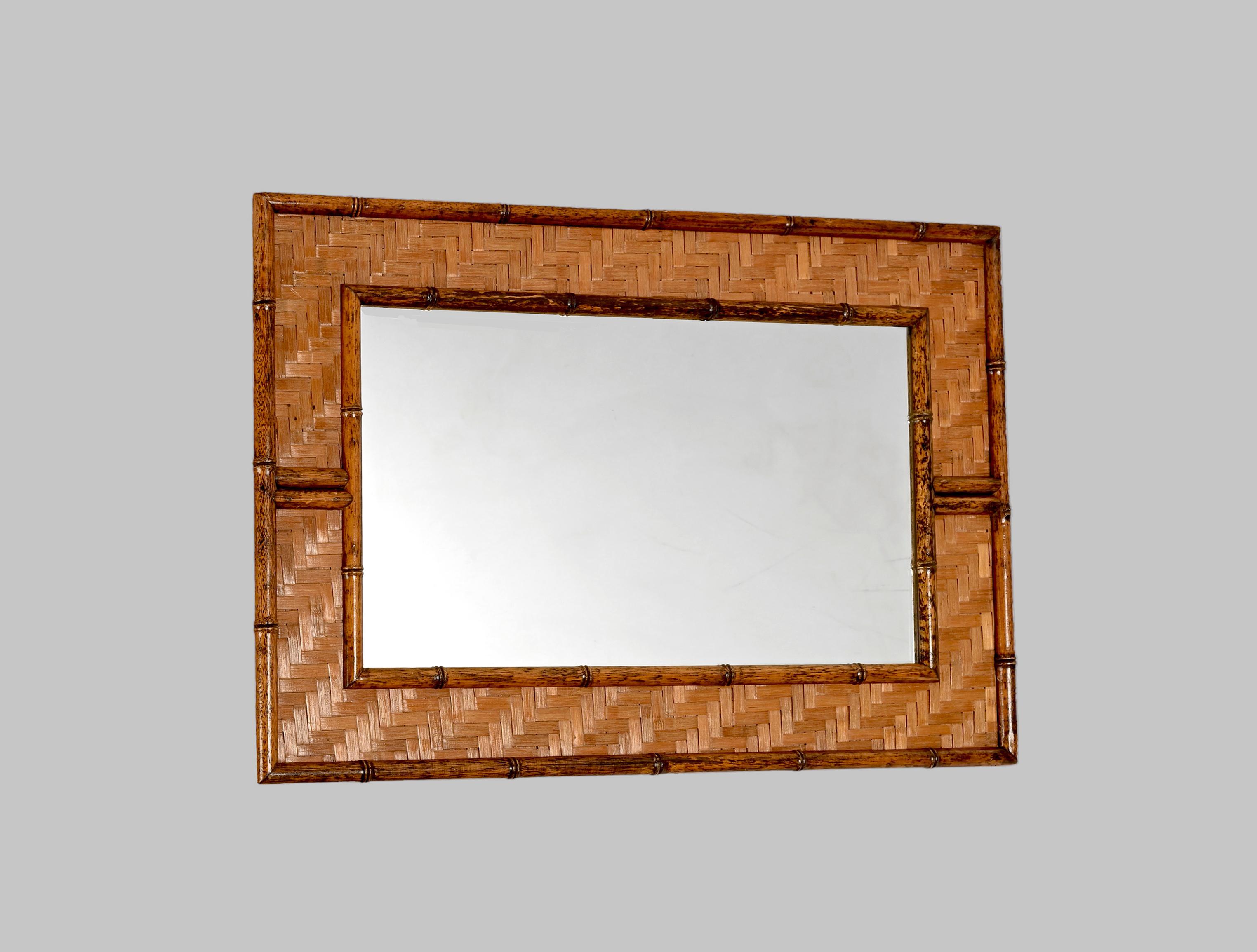 Midcentury Rectangular Bamboo Cane and Wicker Woven Frame Italian Mirror, 1960s 3