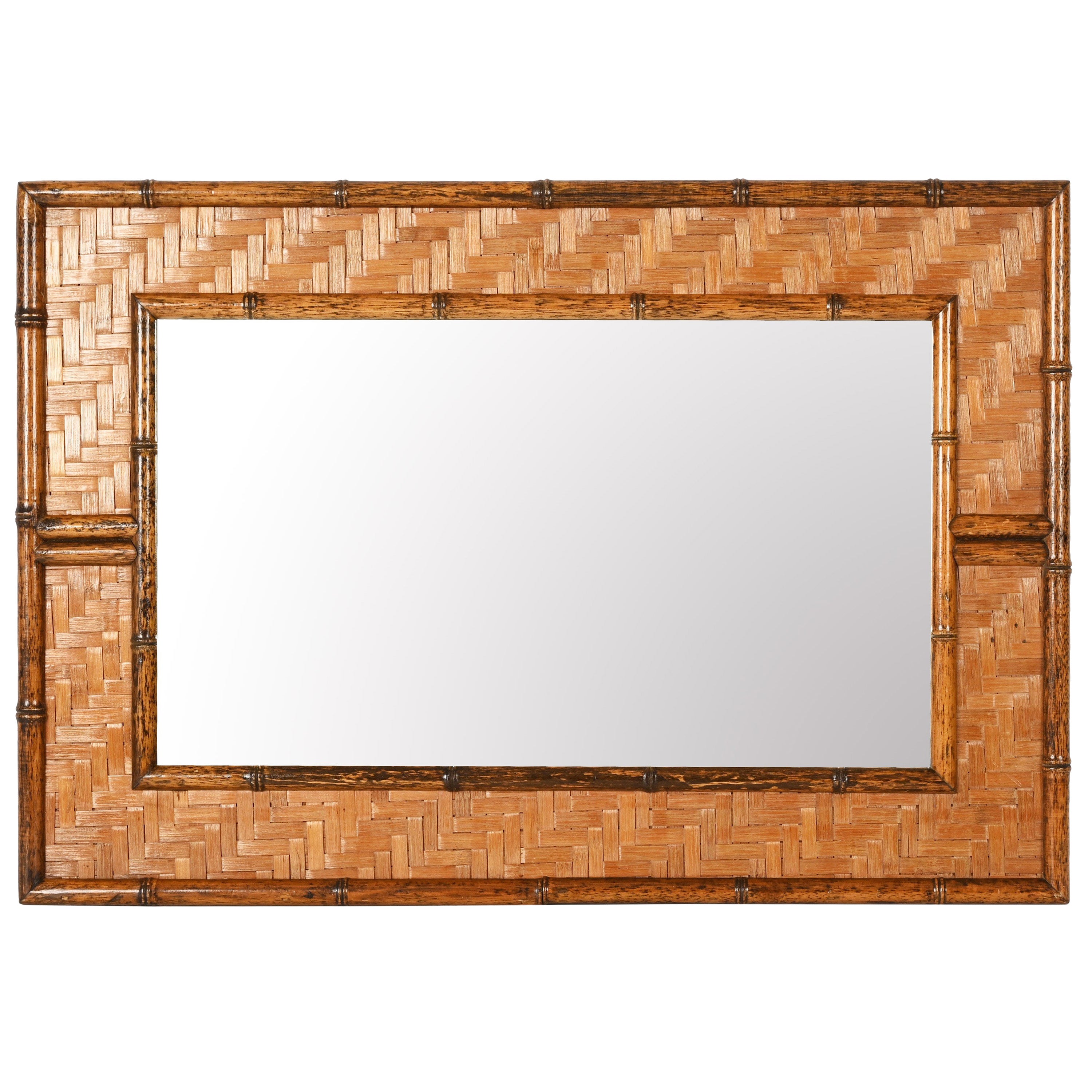 Midcentury Rectangular Bamboo Cane and Wicker Woven Frame Italian Mirror, 1960s