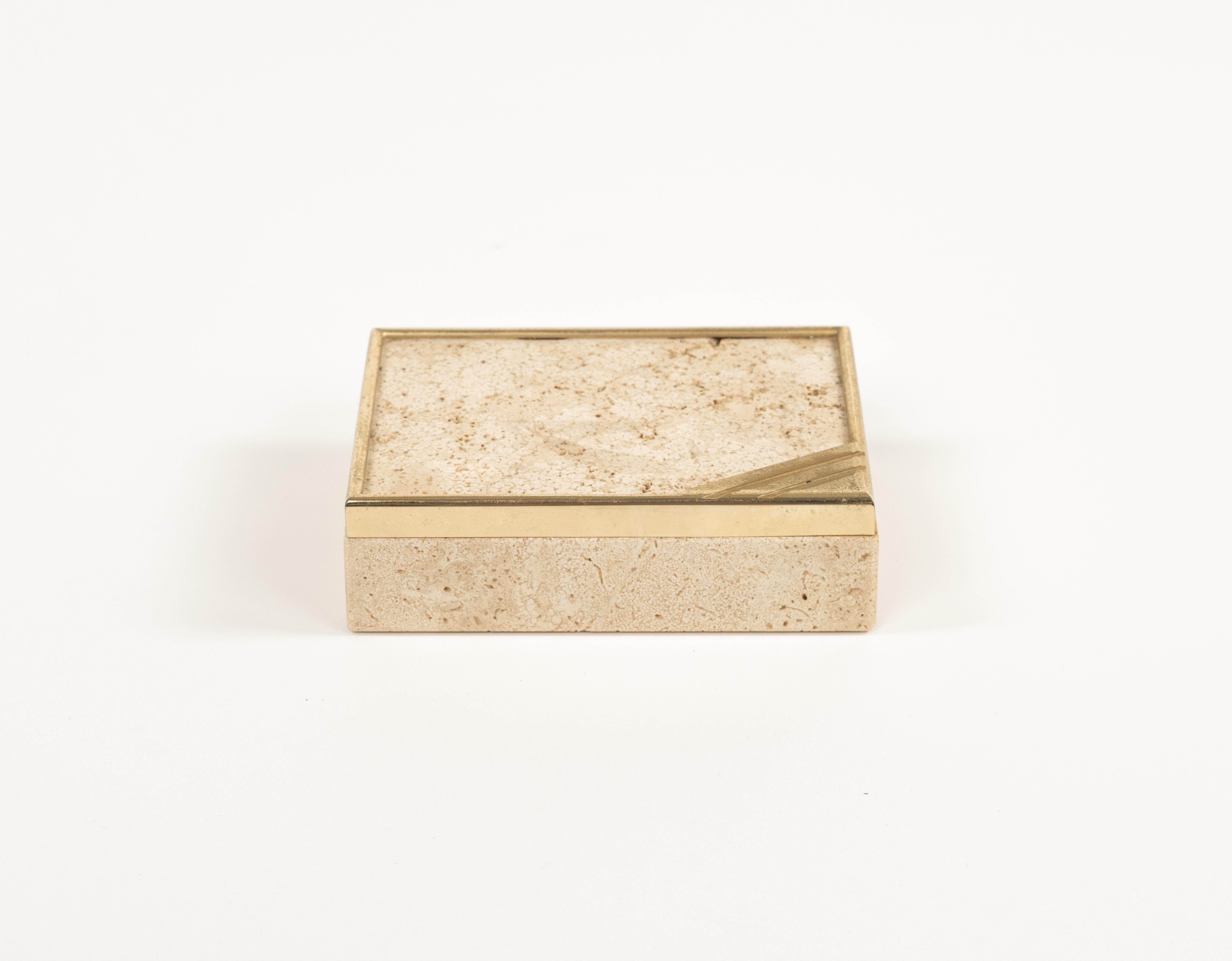Mid-Century Modern Midcentury Rectangular Box in Travertine and Brass Enzo Mari Style, Italy 1970s For Sale