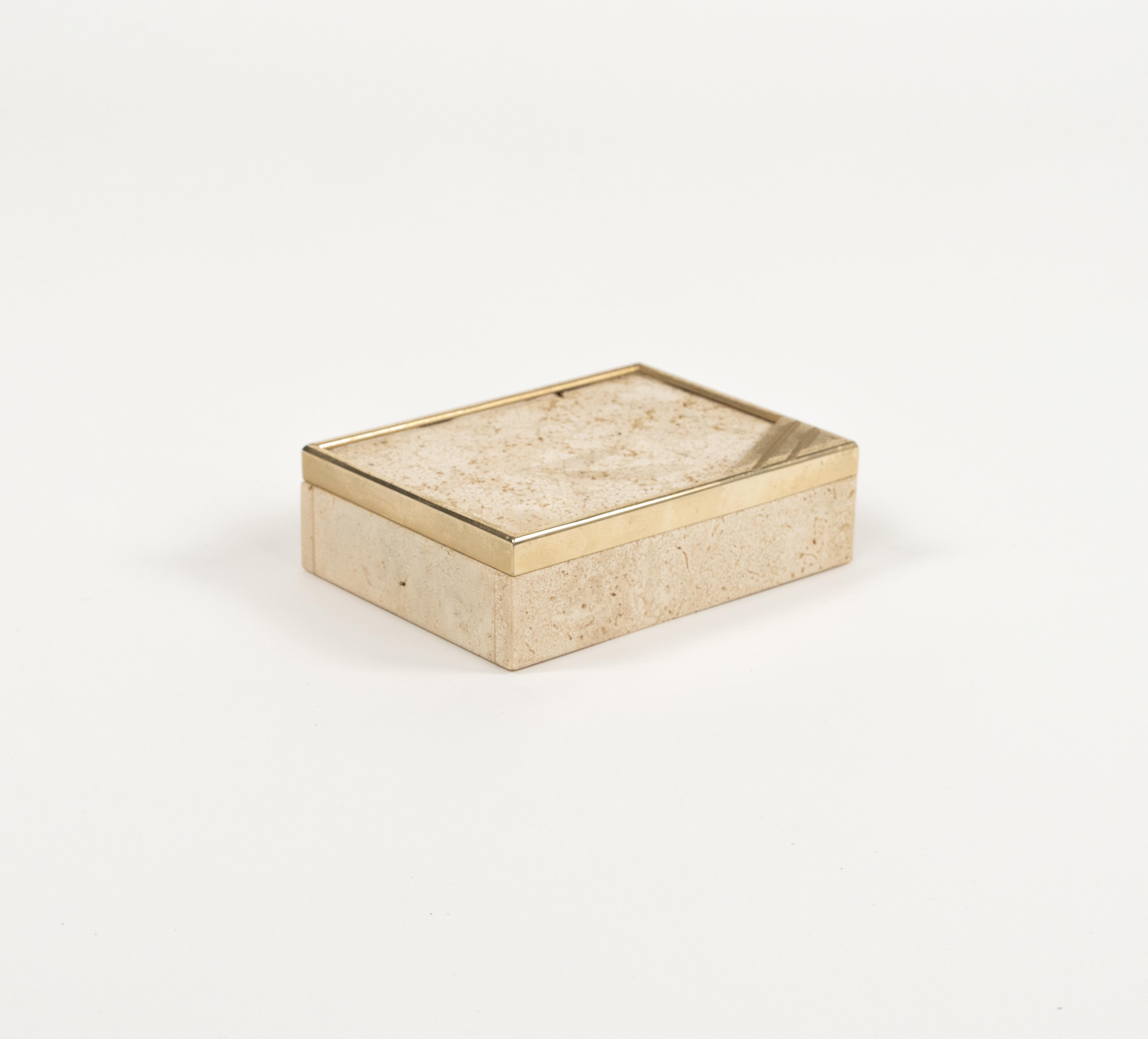 Midcentury Rectangular Box in Travertine and Brass Enzo Mari Style, Italy 1970s In Good Condition For Sale In Rome, IT