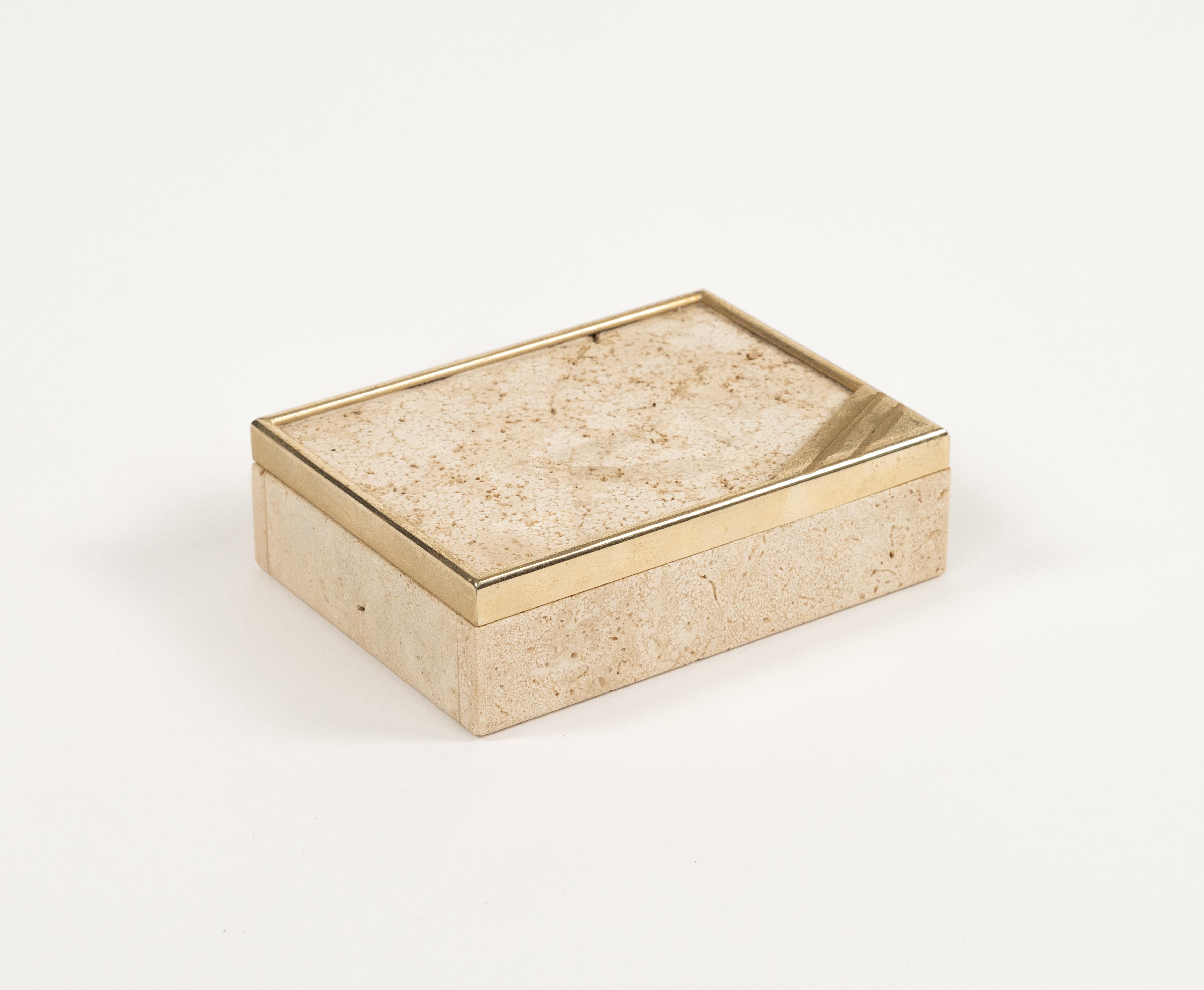 Late 20th Century Midcentury Rectangular Box in Travertine and Brass Enzo Mari Style, Italy 1970s For Sale