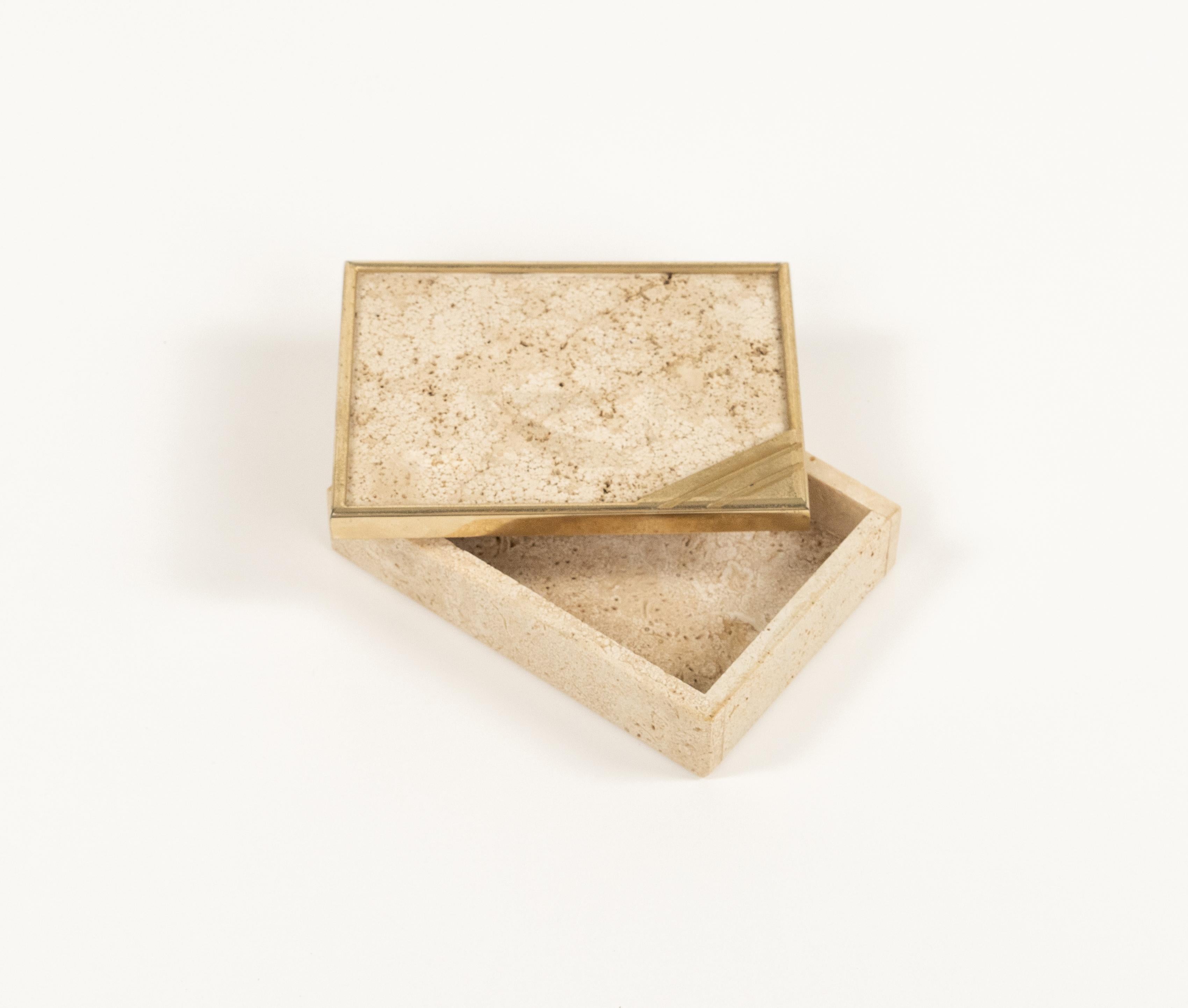 Midcentury Rectangular Box in Travertine and Brass Enzo Mari Style, Italy 1970s For Sale 3