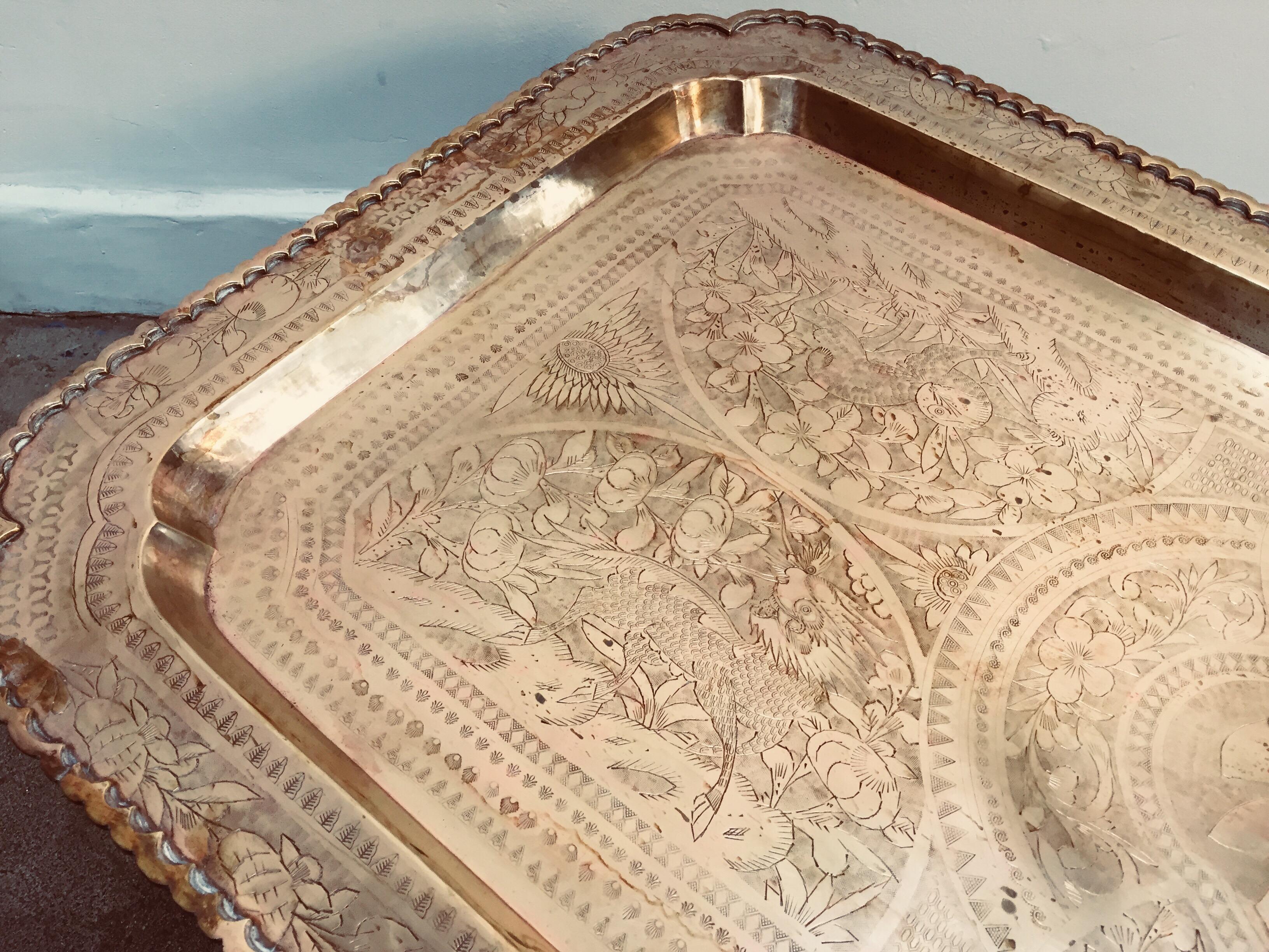 1960s Boho Chic Rectangular Brass Tray Coffee Table In Good Condition For Sale In North Hollywood, CA