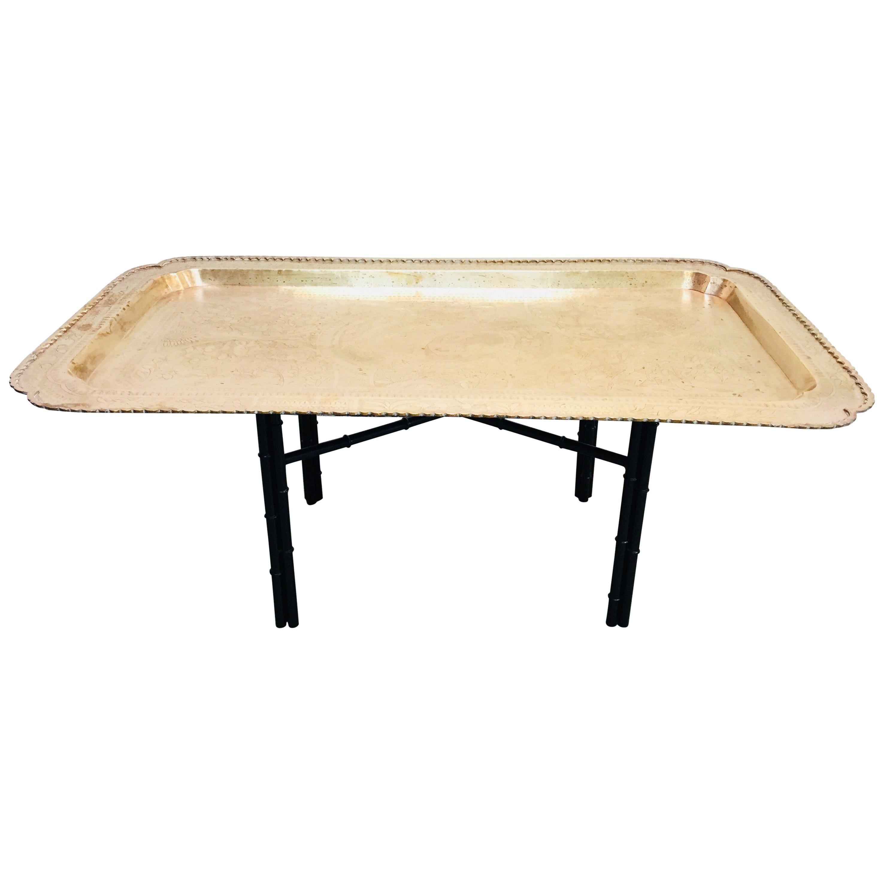1960s Boho Chic Rectangular Brass Tray Coffee Table For Sale