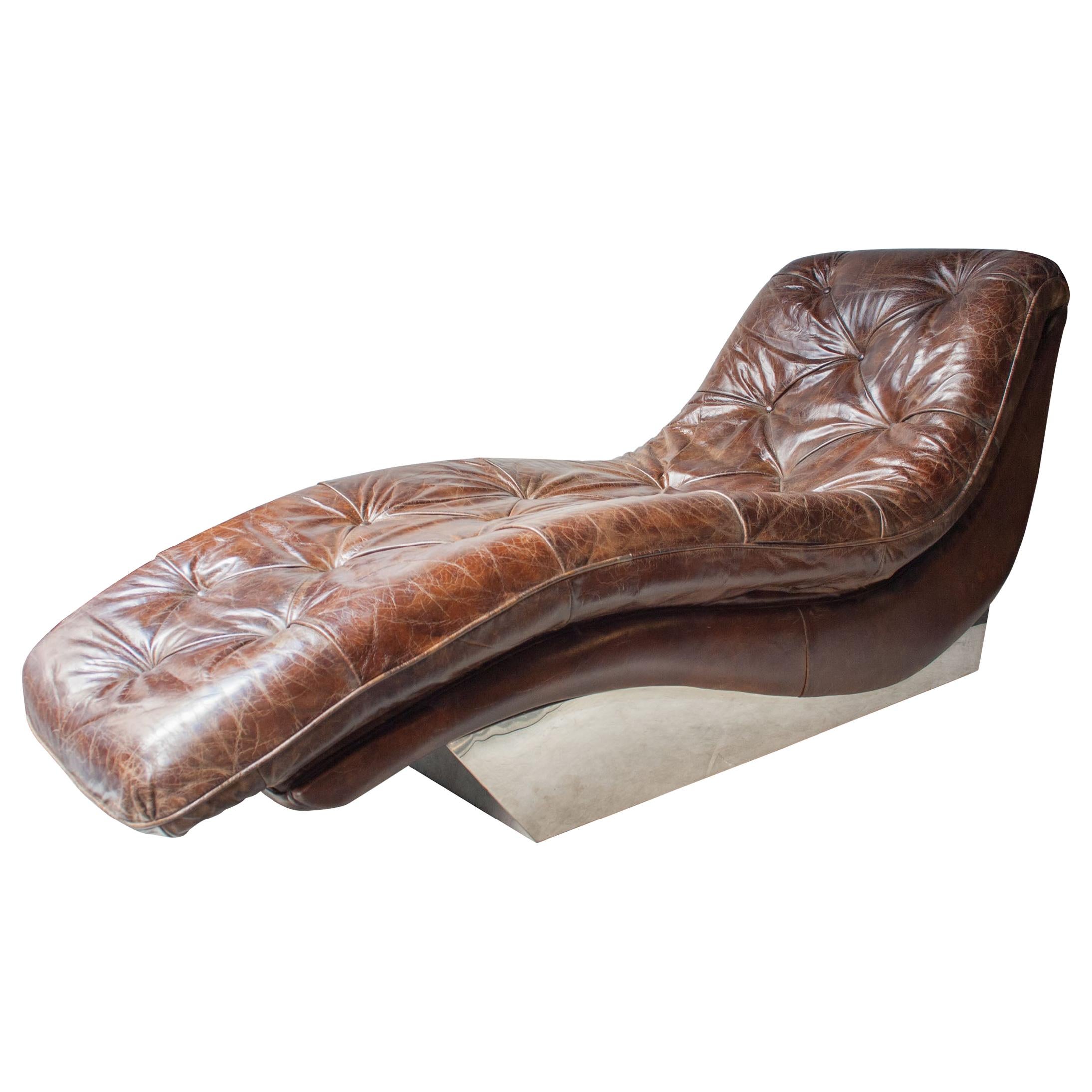 Midcentury Rectangular Brown Chromed Capitone Leather English Chaise Lounge 1970