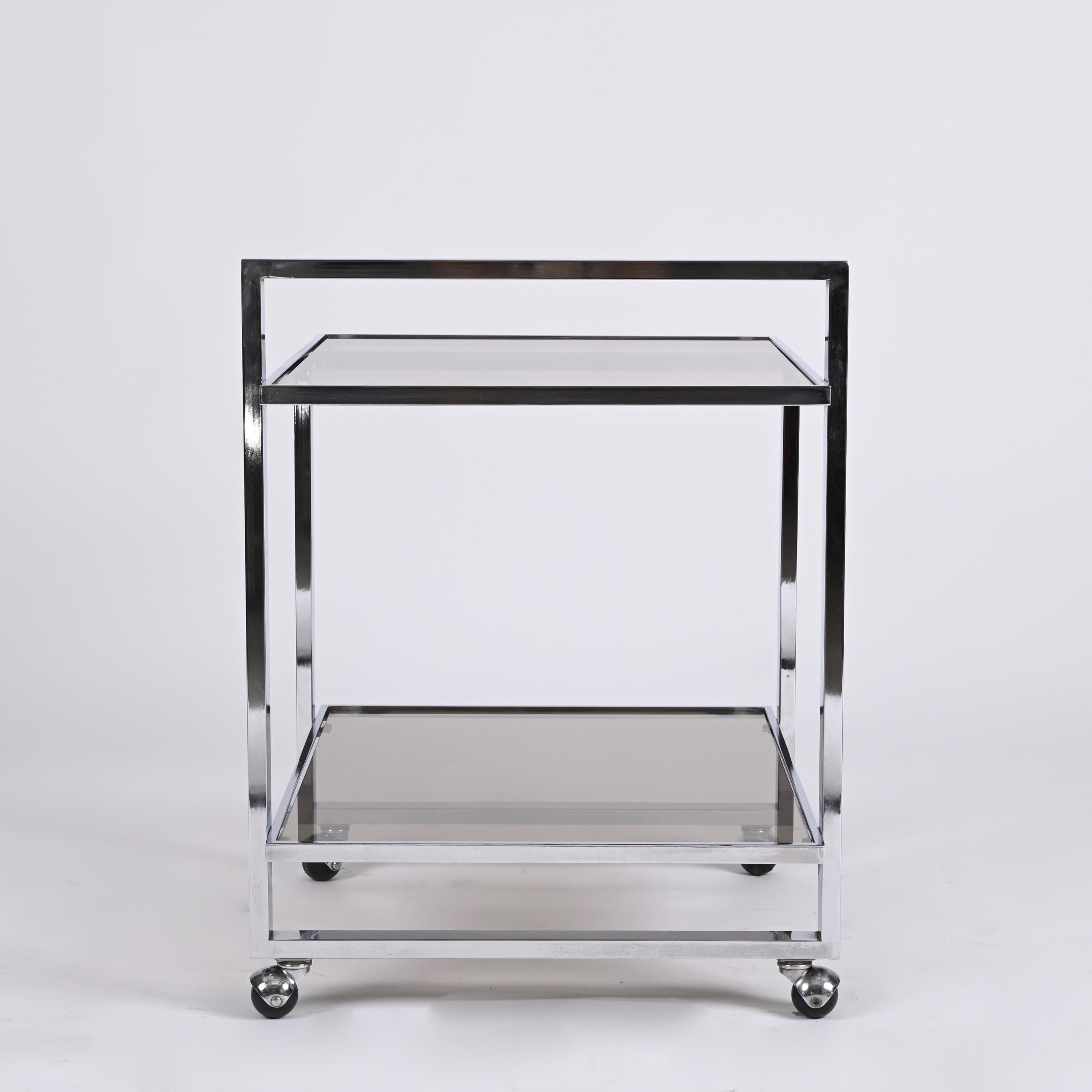 Midcentury Rectangular Chromed Steel and Smoked Glass Italian Bar Cart, 1970s 4