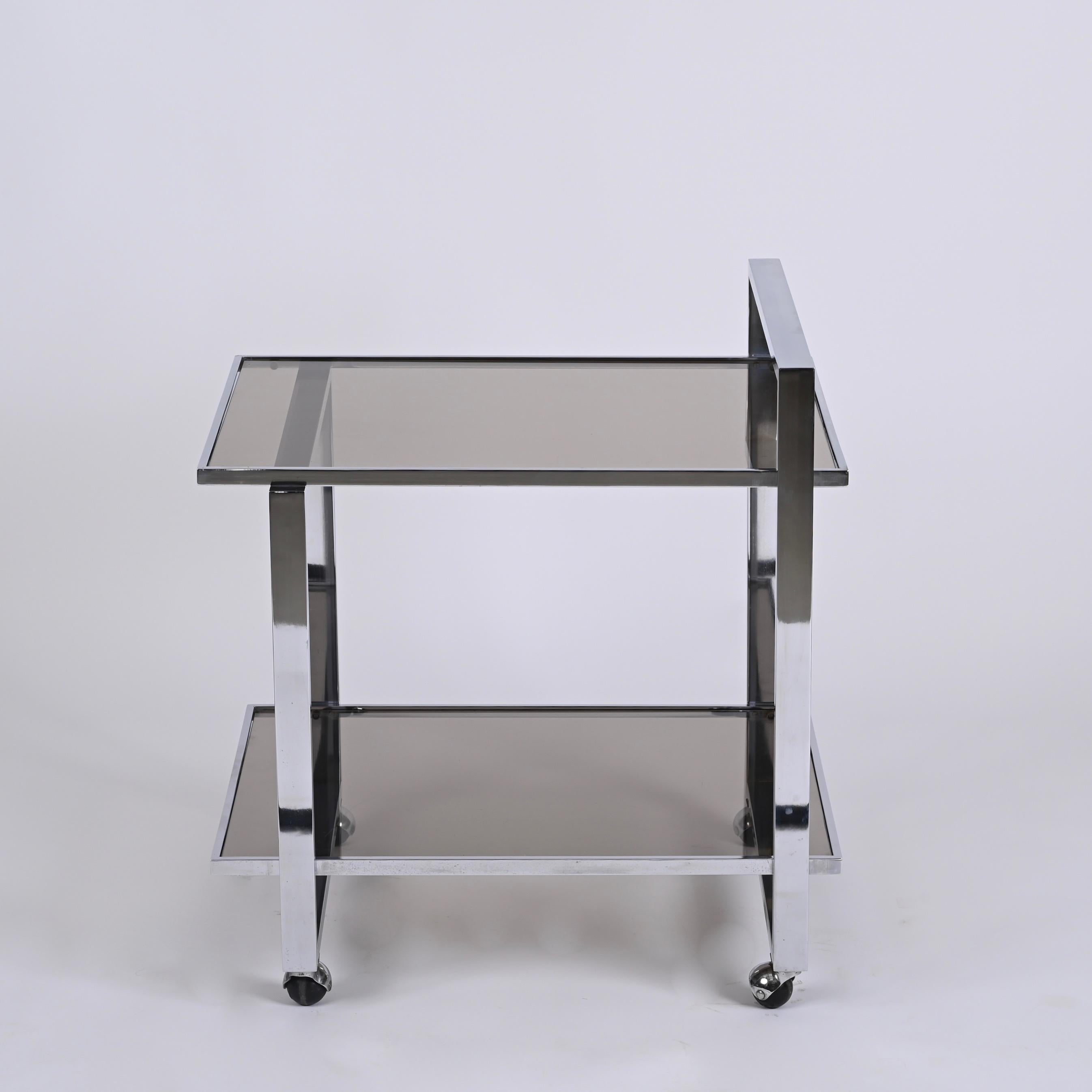 Mid-Century Modern Midcentury Rectangular Chromed Steel and Smoked Glass Italian Bar Cart, 1970s