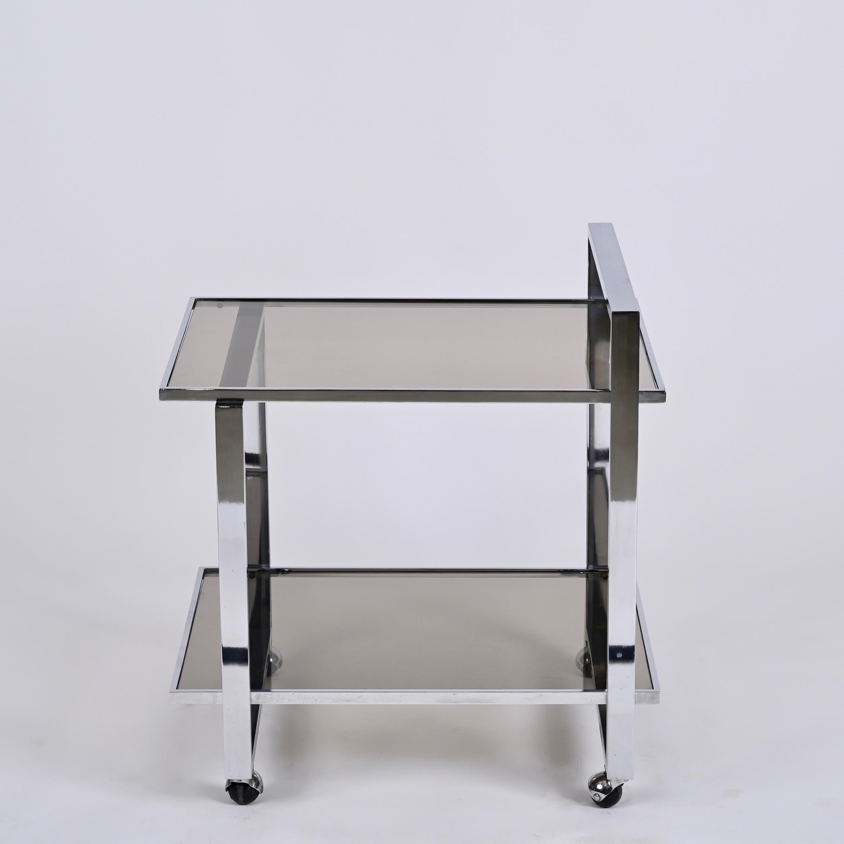 Late 20th Century Midcentury Rectangular Chromed Steel and Smoked Glass Italian Bar Cart, 1970s