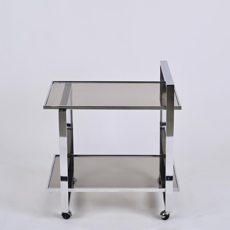 Late 20th Century Midcentury Rectangular Chromed Steel and Smoked Glass Italian Bar Cart, 1970s For Sale