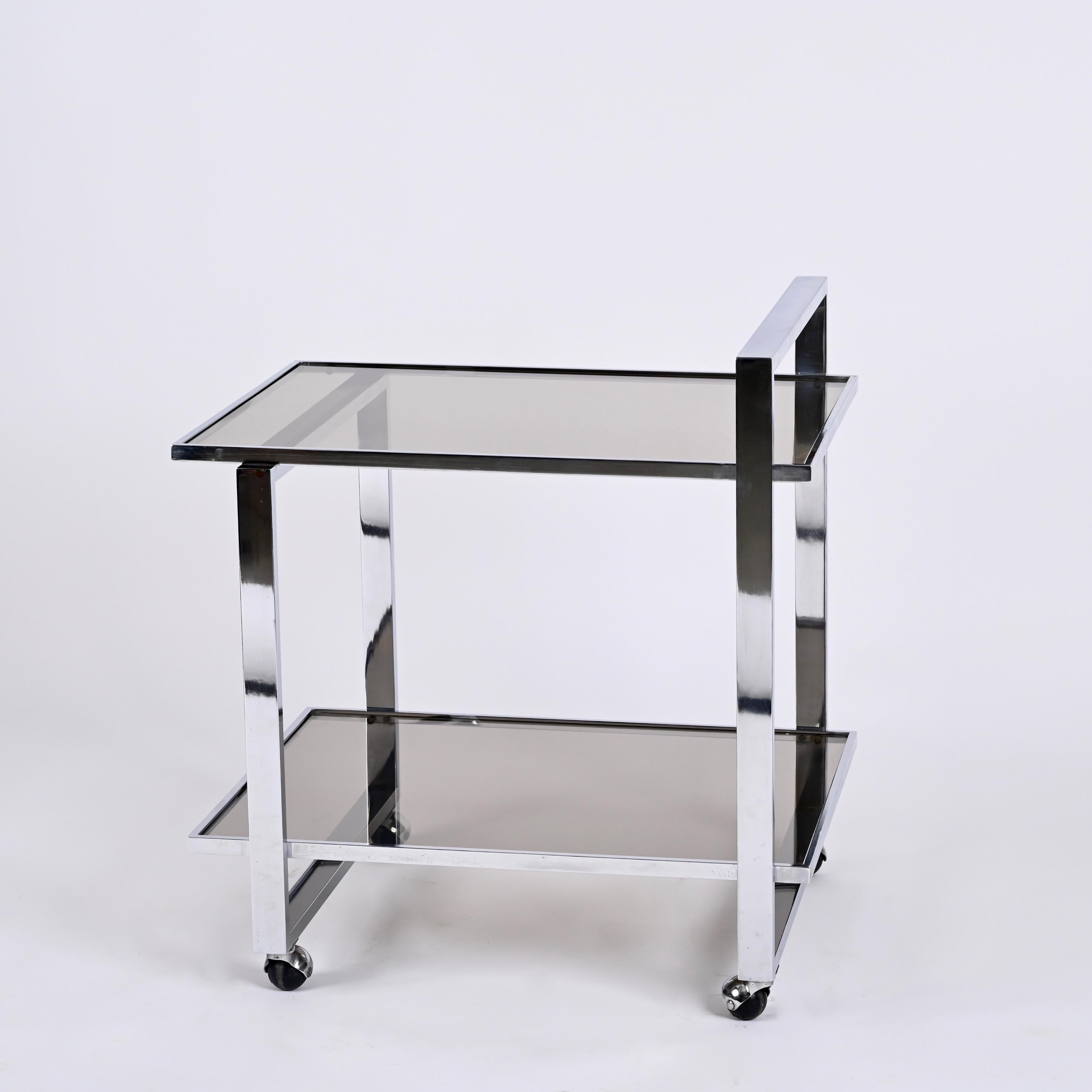 Midcentury Rectangular Chromed Steel and Smoked Glass Italian Bar Cart, 1970s 1
