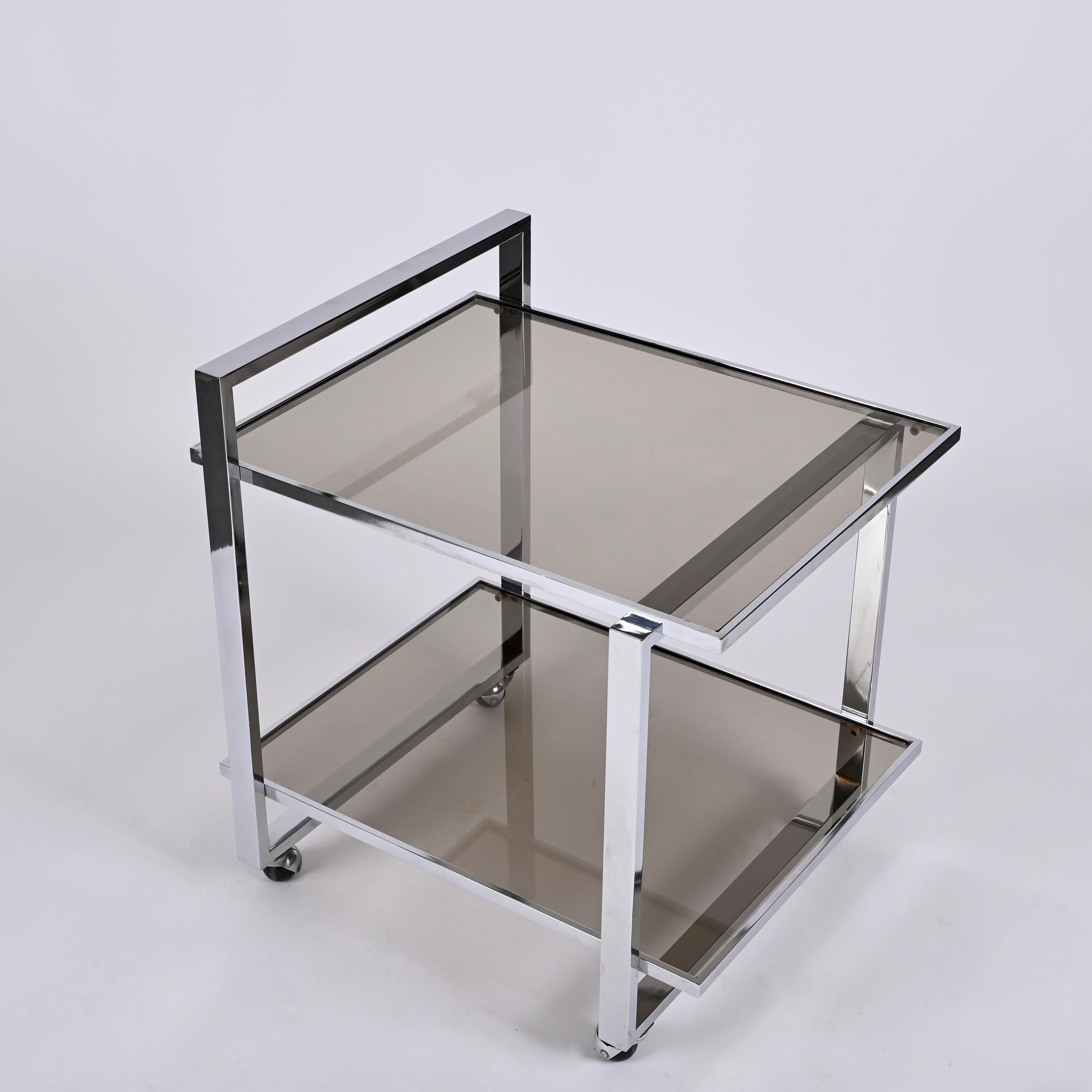 Midcentury Rectangular Chromed Steel and Smoked Glass Italian Bar Cart, 1970s 4