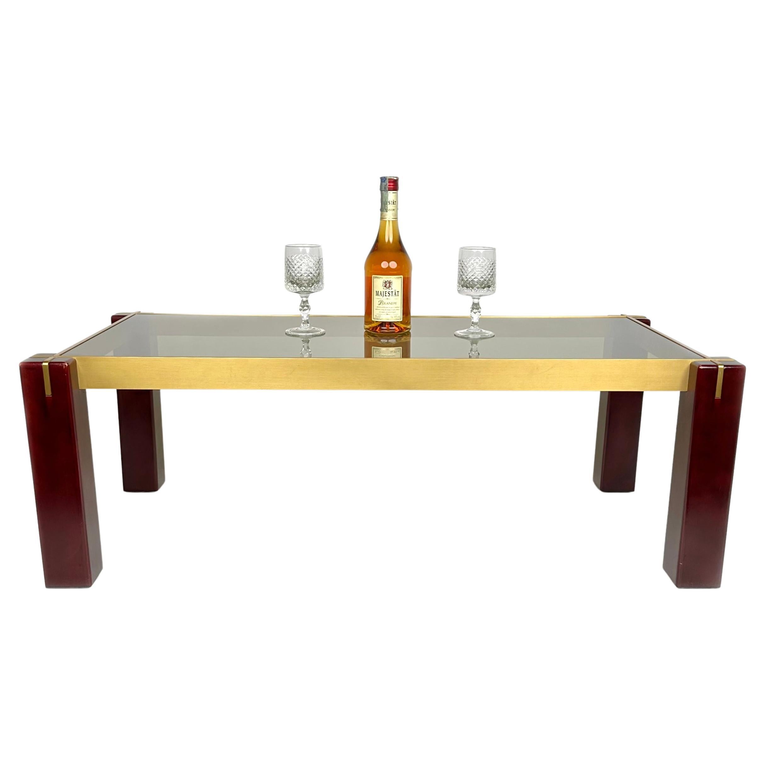 Italian Mid-Century Rectangular Coffee Table in Wood, Brass and Smoked Glass Italy 1960s For Sale