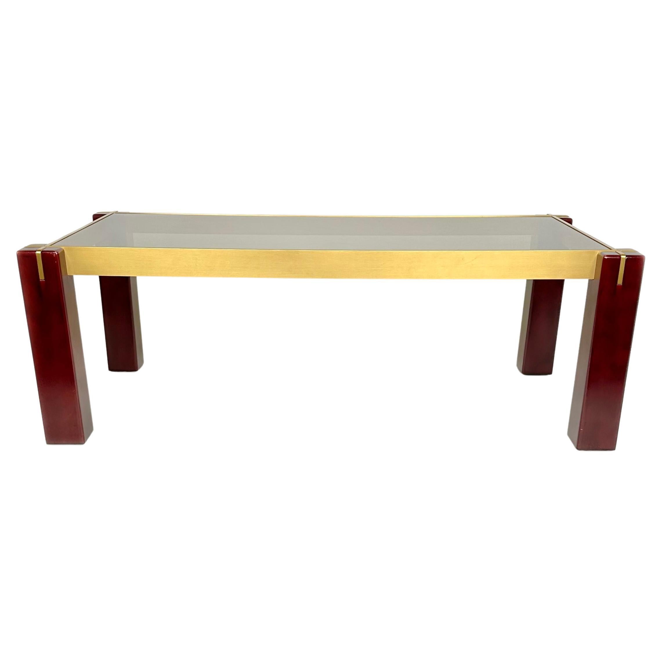 Mid-Century Rectangular Coffee Table in Wood, Brass and Smoked Glass Italy 1960s In Good Condition For Sale In Rome, IT