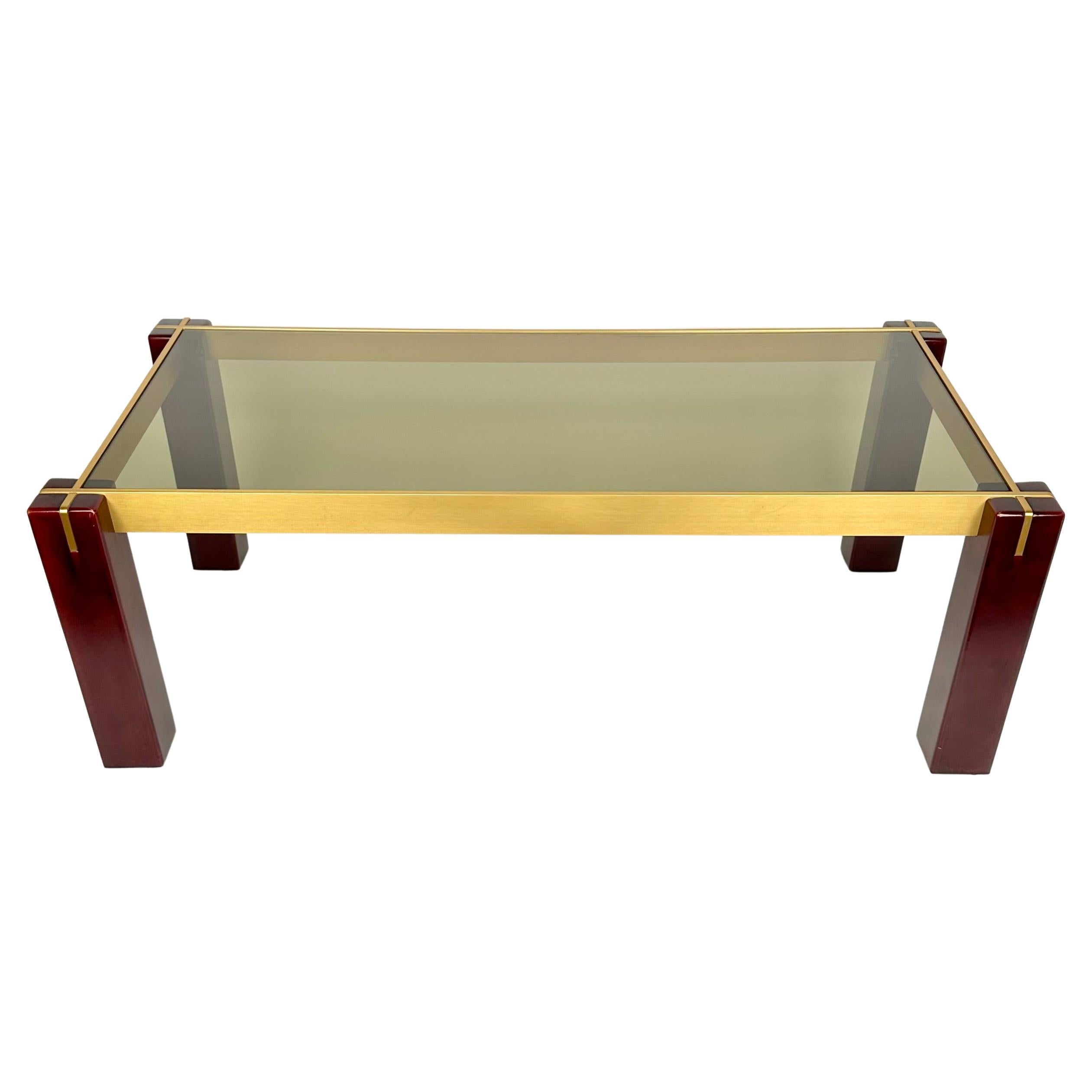 Mid-Century Rectangular Coffee Table in Wood, Brass and Smoked Glass Italy 1960s For Sale