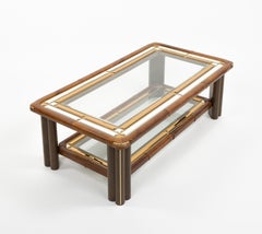 Midcentury Rectangular Coffee Table Wood, Leather, Glass & Brass, Italy 1970s