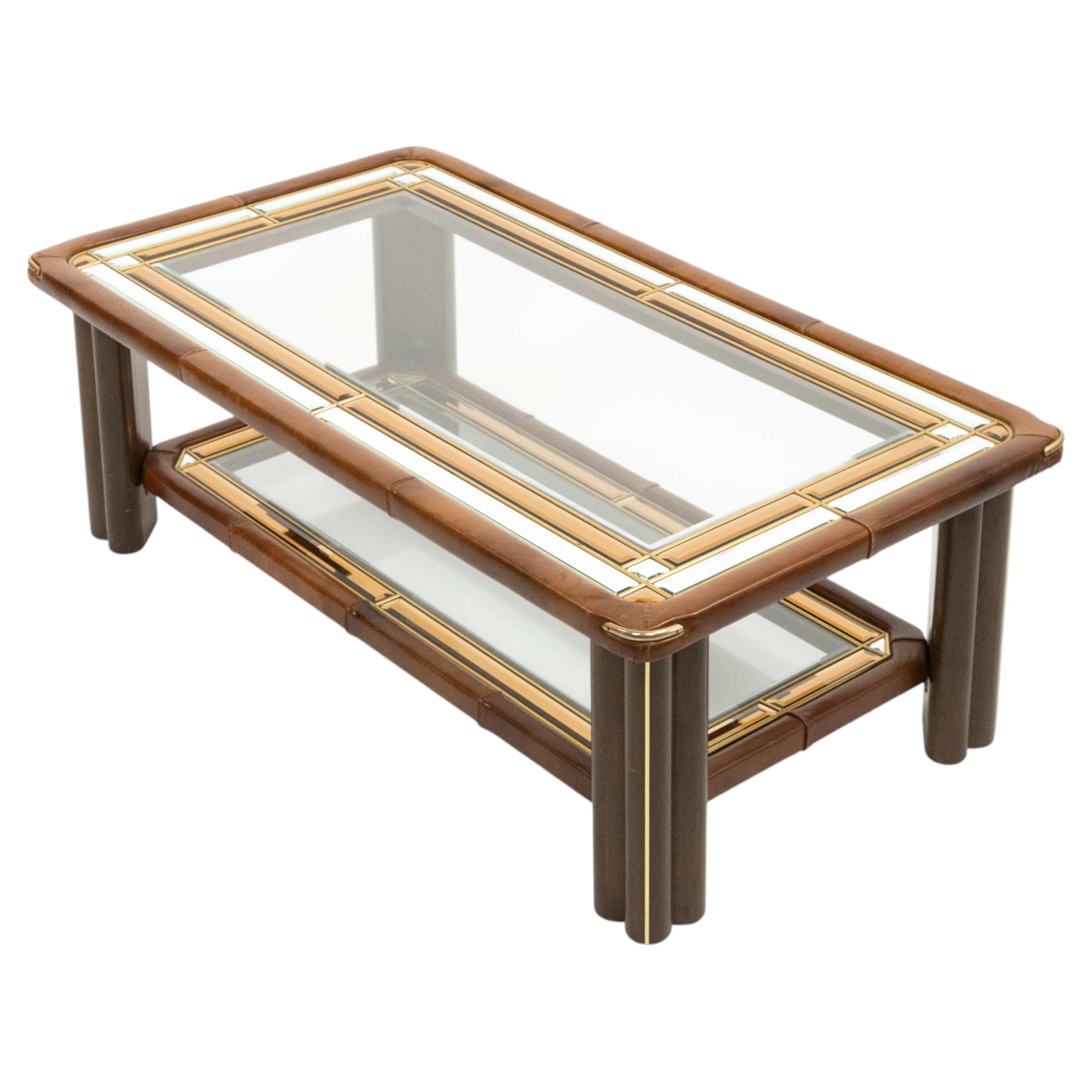 Midcentury Rectangular Coffee Table Wood, Leather, Glass & Brass, Italy 1970s