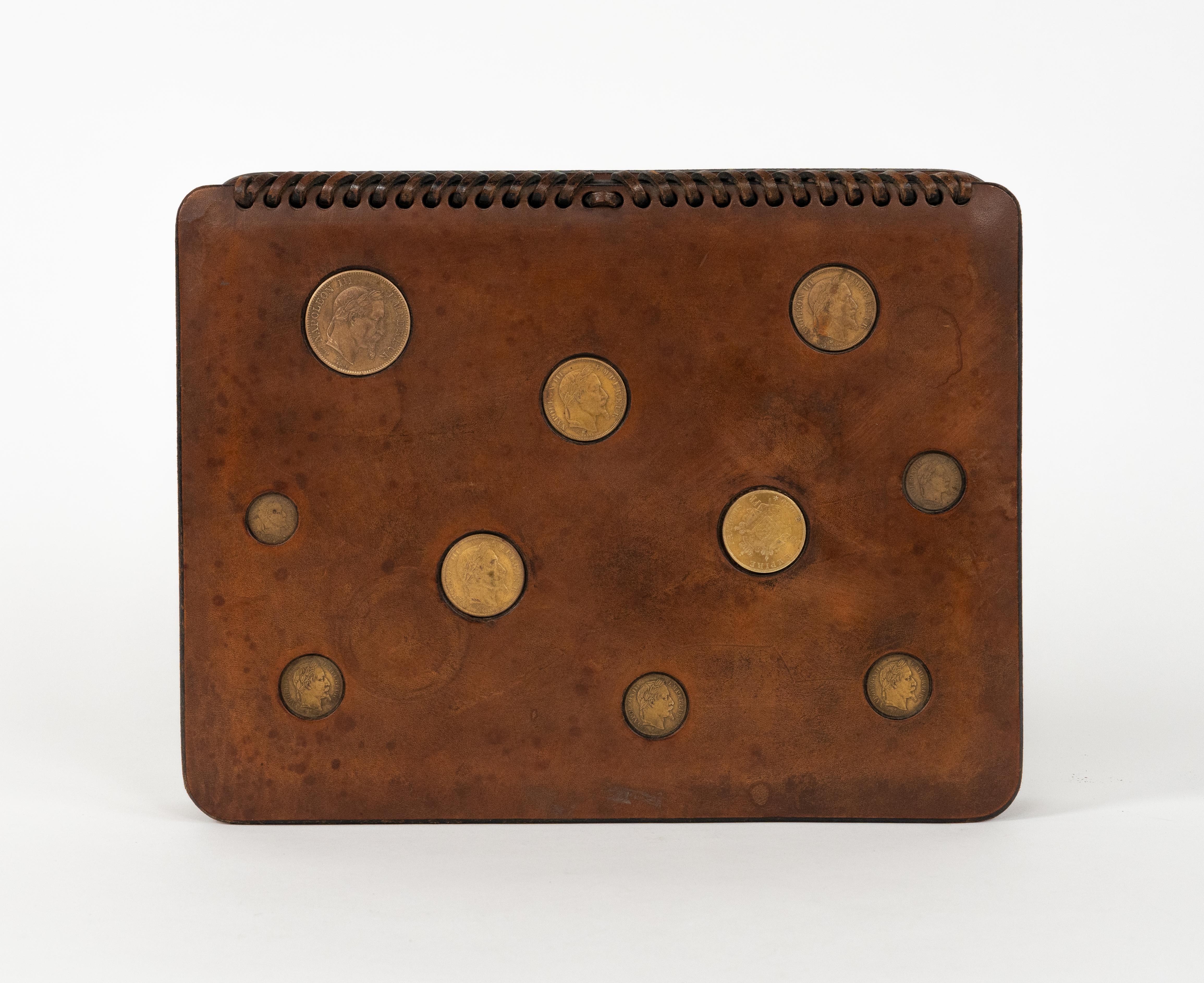 Midcentury Rectangular Decorative Box in Leather with Coins by LAR, Italy 1960s For Sale 5