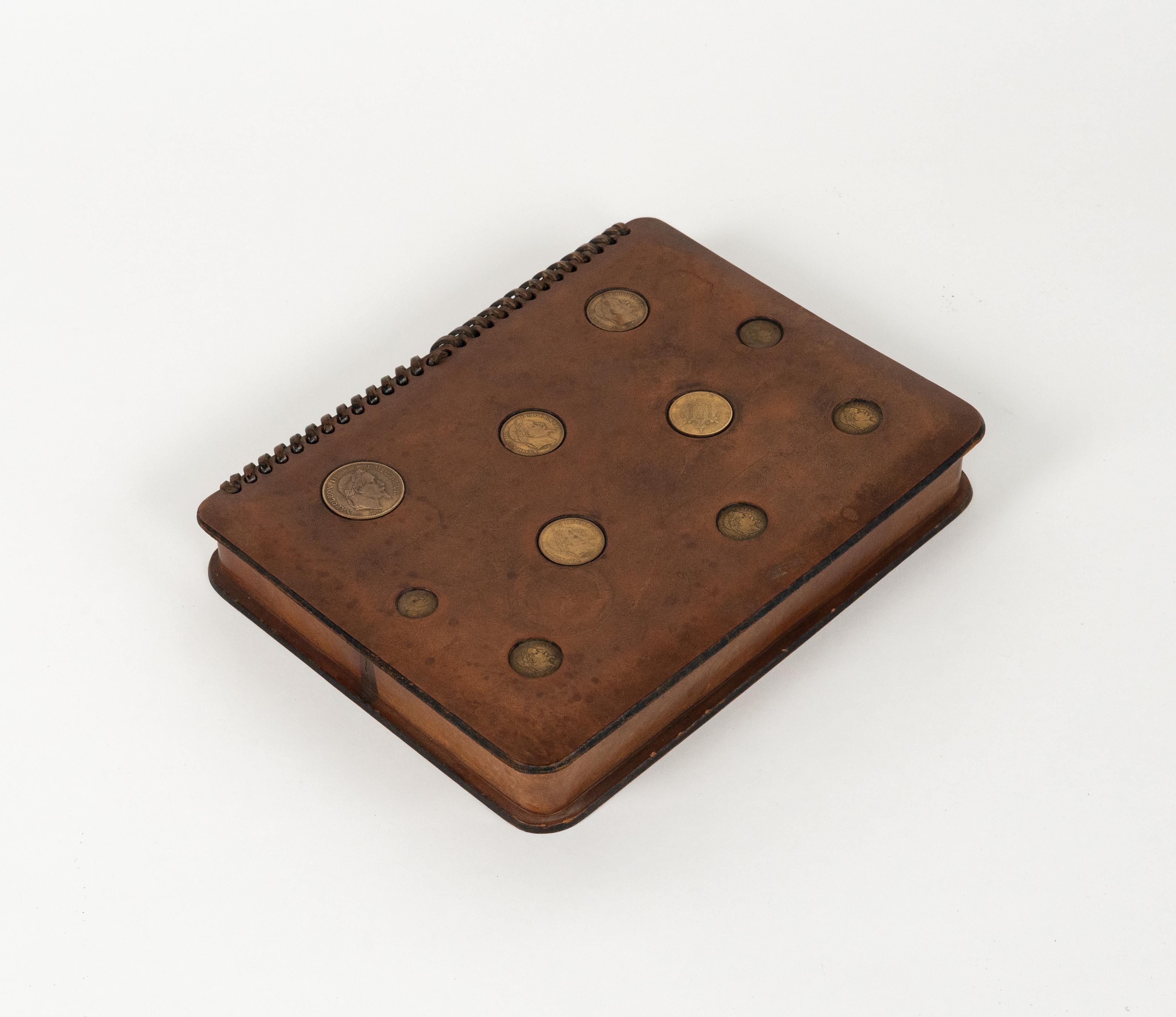 Midcentury Rectangular Decorative Box in Leather with Coins by LAR, Italy 1960s For Sale 8