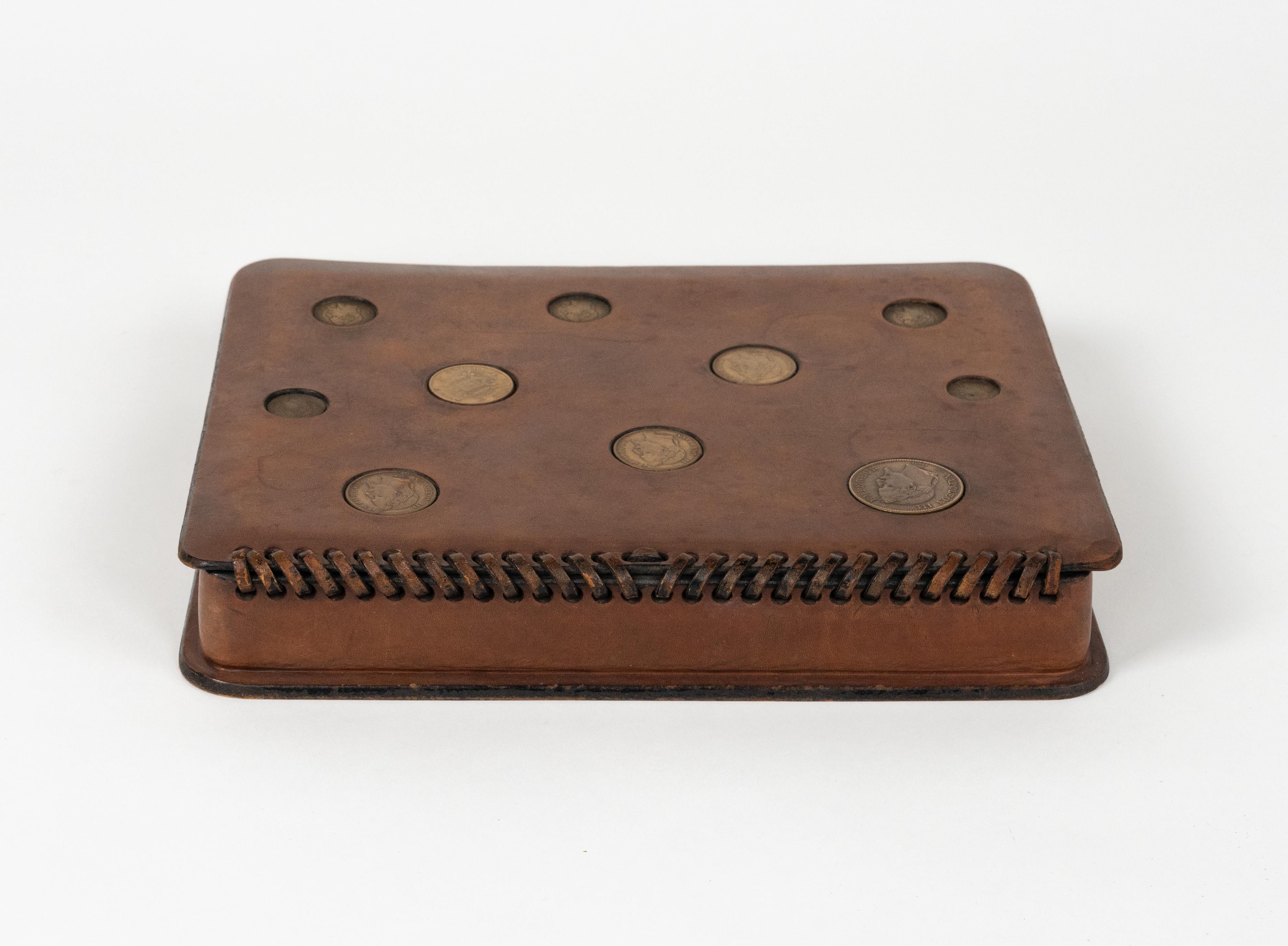 Midcentury Rectangular Decorative Box in Leather with Coins by LAR, Italy 1960s For Sale 9