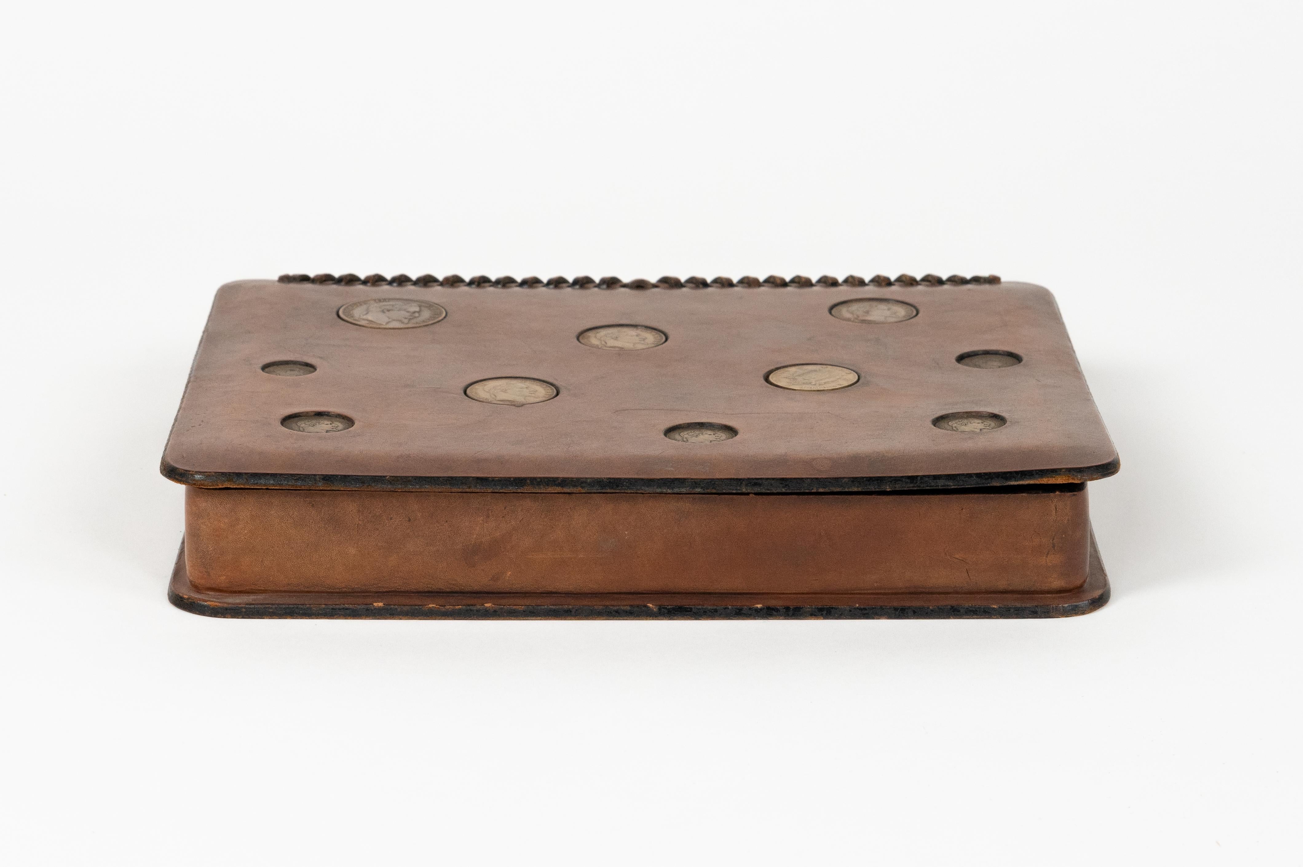 Mid-Century Modern Midcentury Rectangular Decorative Box in Leather with Coins by LAR, Italy 1960s For Sale