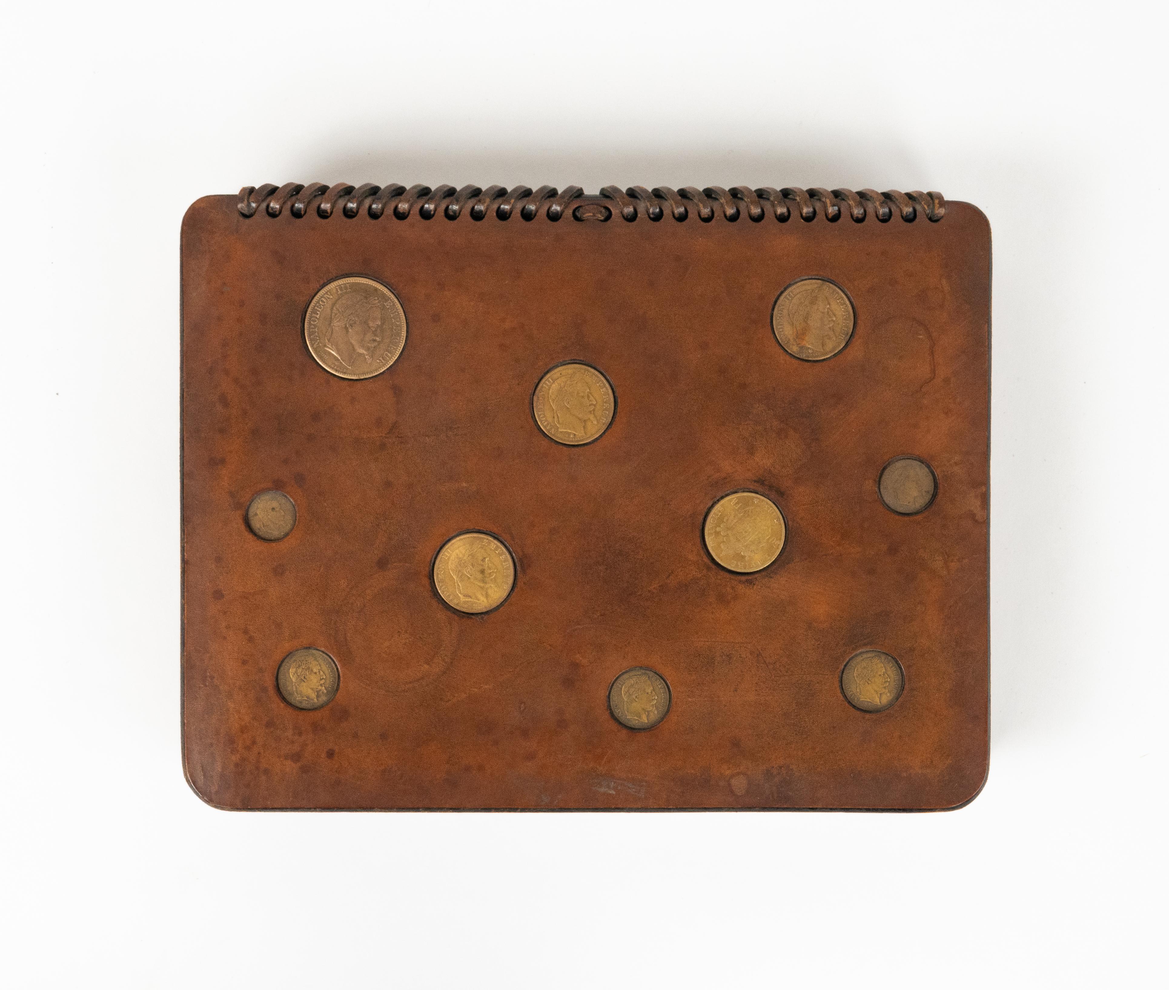 Midcentury Rectangular Decorative Box in Leather with Coins by LAR, Italy 1960s For Sale 1