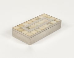 Midcentury Rectangular Decorative Box Mother-of-Pearl, Steel & Wood, Italy 1970s