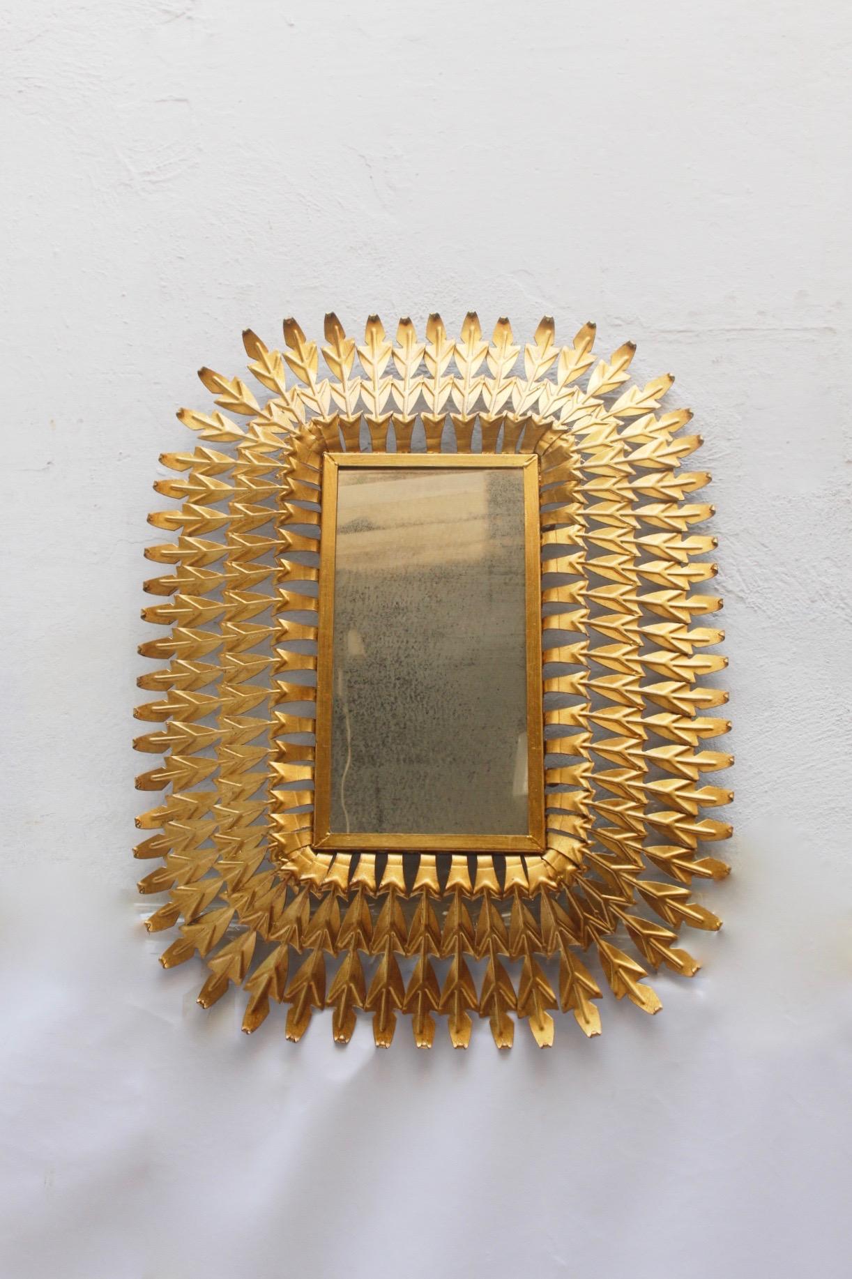 Midcentury Rectangular Gilt/Gold Leaf Sunburst Iron Wall Mirror, 1950s For Sale 4