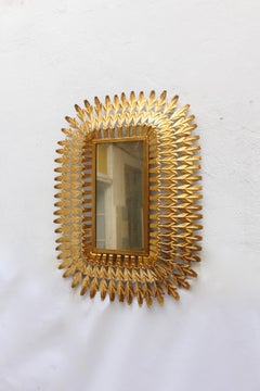 Midcentury Rectangular Gilt/Gold Leaf Sunburst Iron Wall Mirror, 1950s