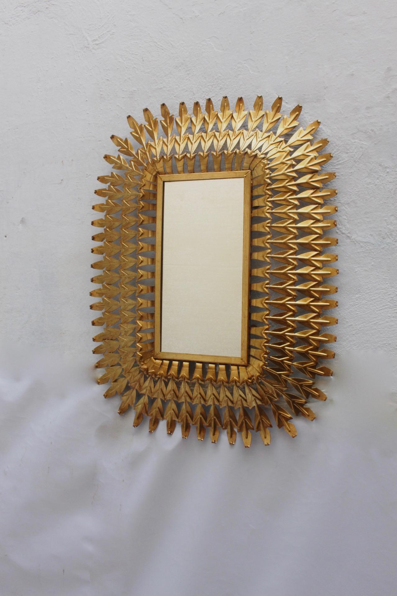 Mid-Century Modern Midcentury Rectangular Gilt/Gold Leaf Sunburst Iron Wall Mirror, 1950s For Sale