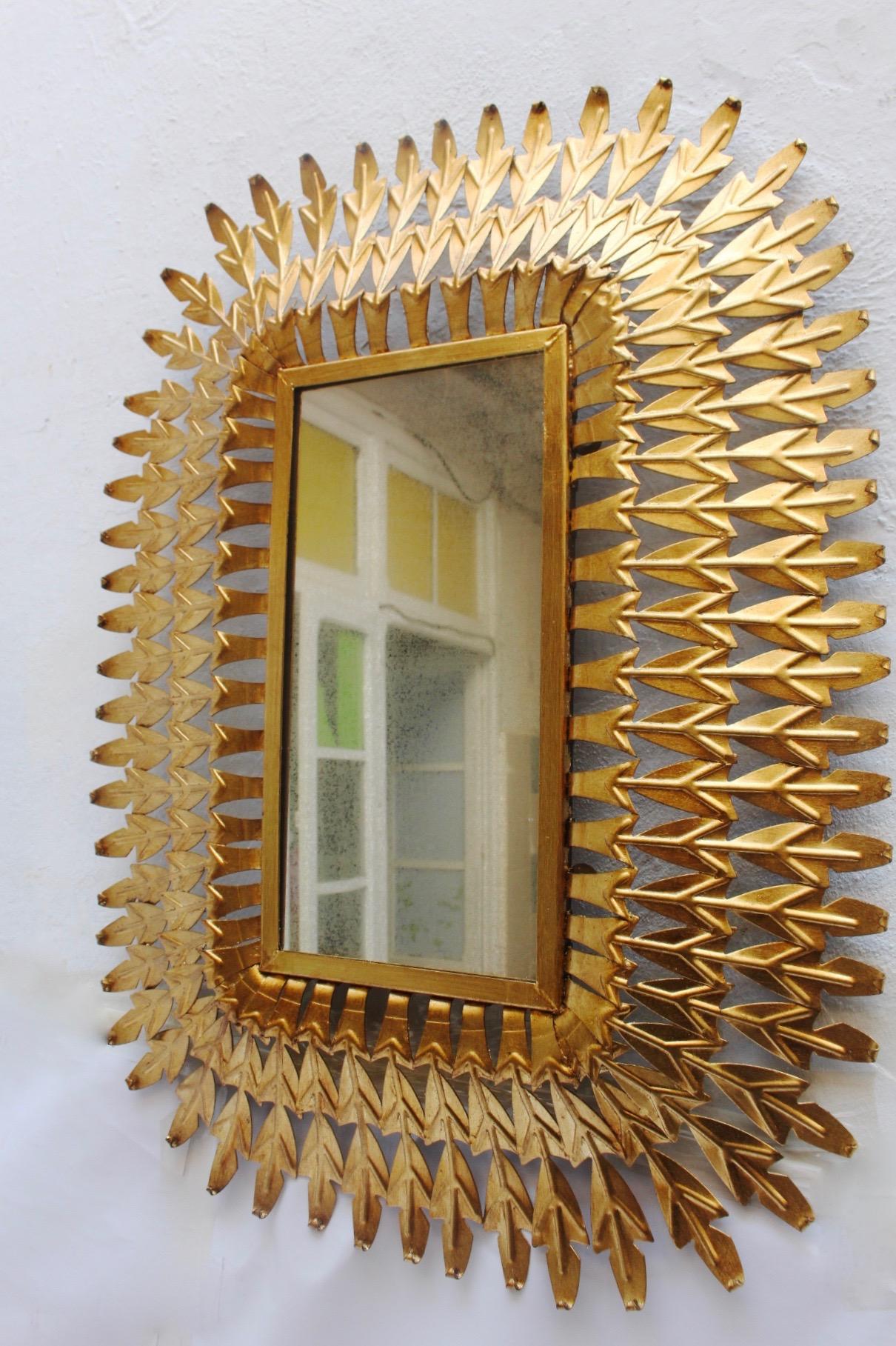 Midcentury Rectangular Gilt/Gold Leaf Sunburst Iron Wall Mirror, 1950s For Sale 1