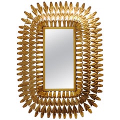 Midcentury Rectangular Gilt/Gold Leaf Sunburst Iron Wall Mirror, 1950s