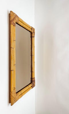 Midcentury Rectangular Italian Bronzed Mirror with Double Bamboo Frame, 1960s