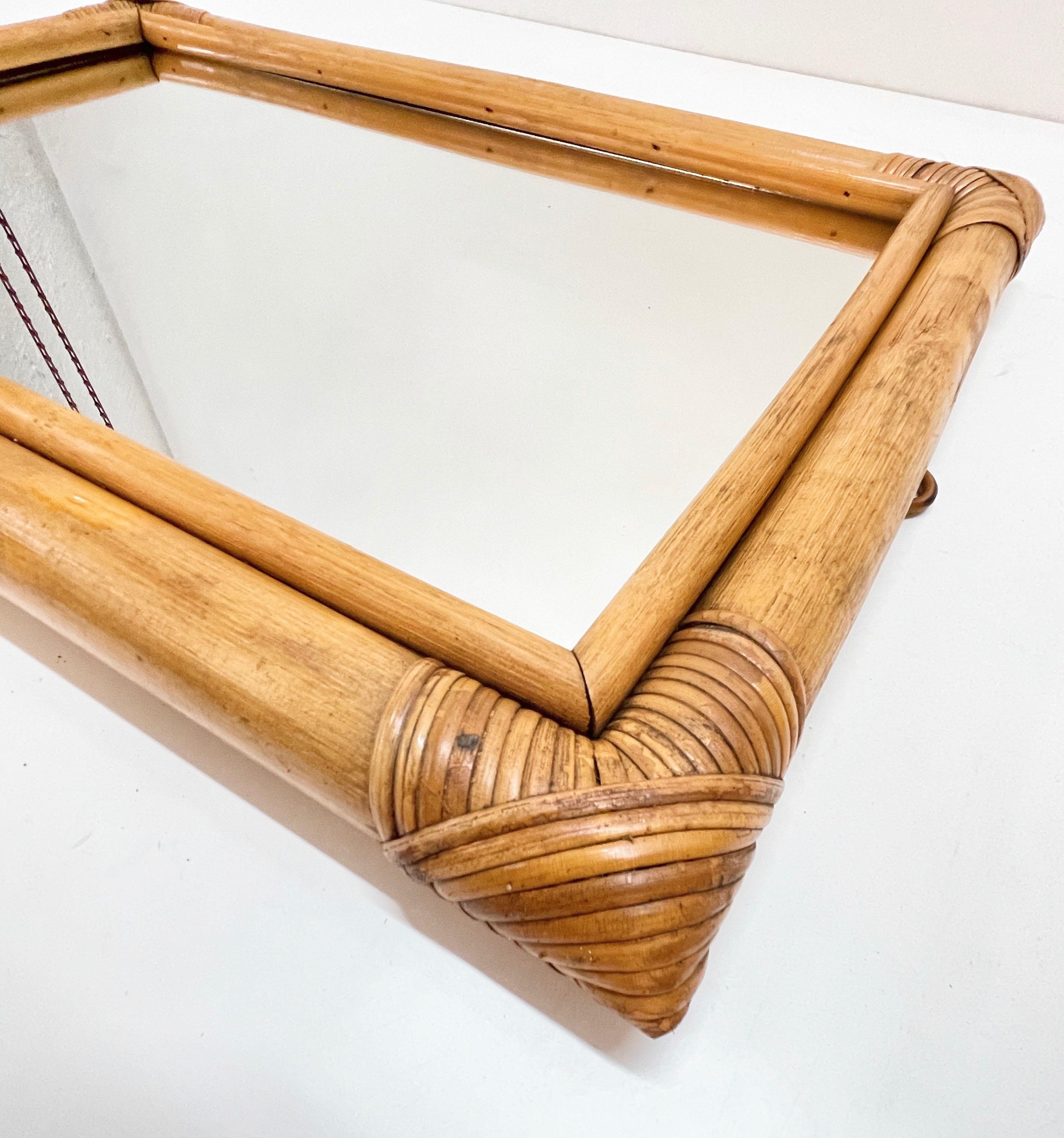 20th Century Midcentury Rectangular Italian Mirror, Double Bamboo Weaved Wicker Frame, 1960s